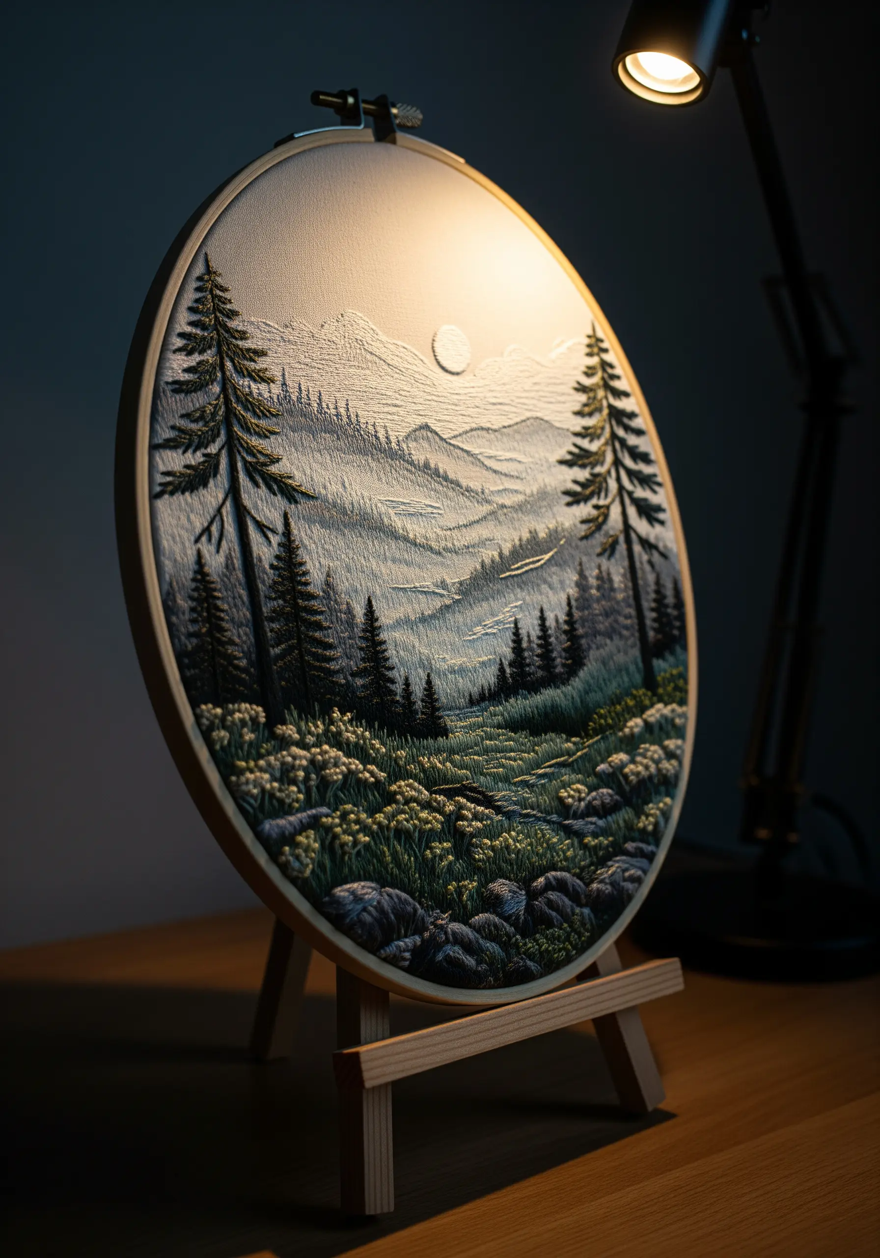 A detailed embroidered landscape of a mountain valley, showing atmospheric depth.