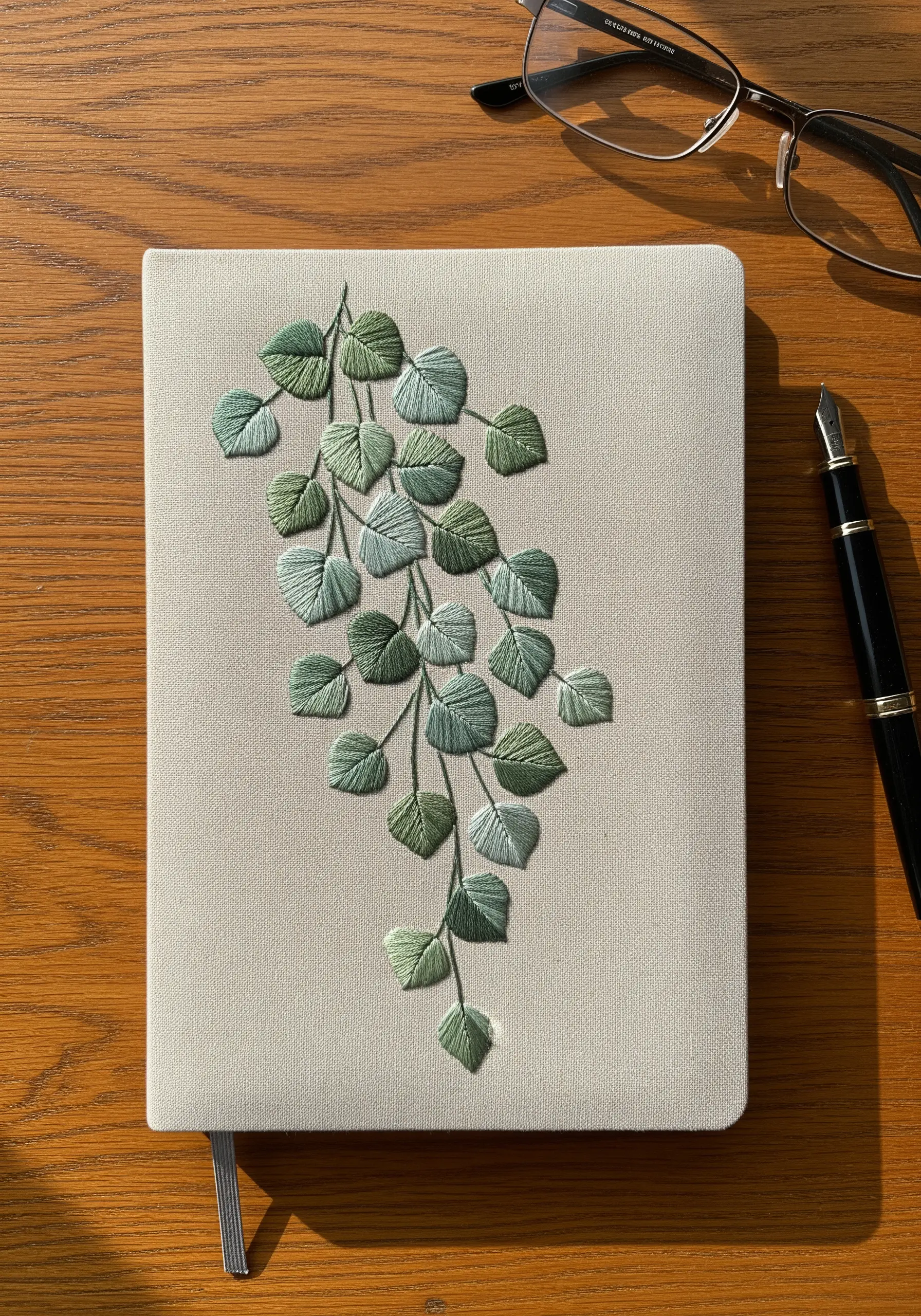 Cascading eucalyptus leaves embroidered on a cream journal cover with satin stitch.