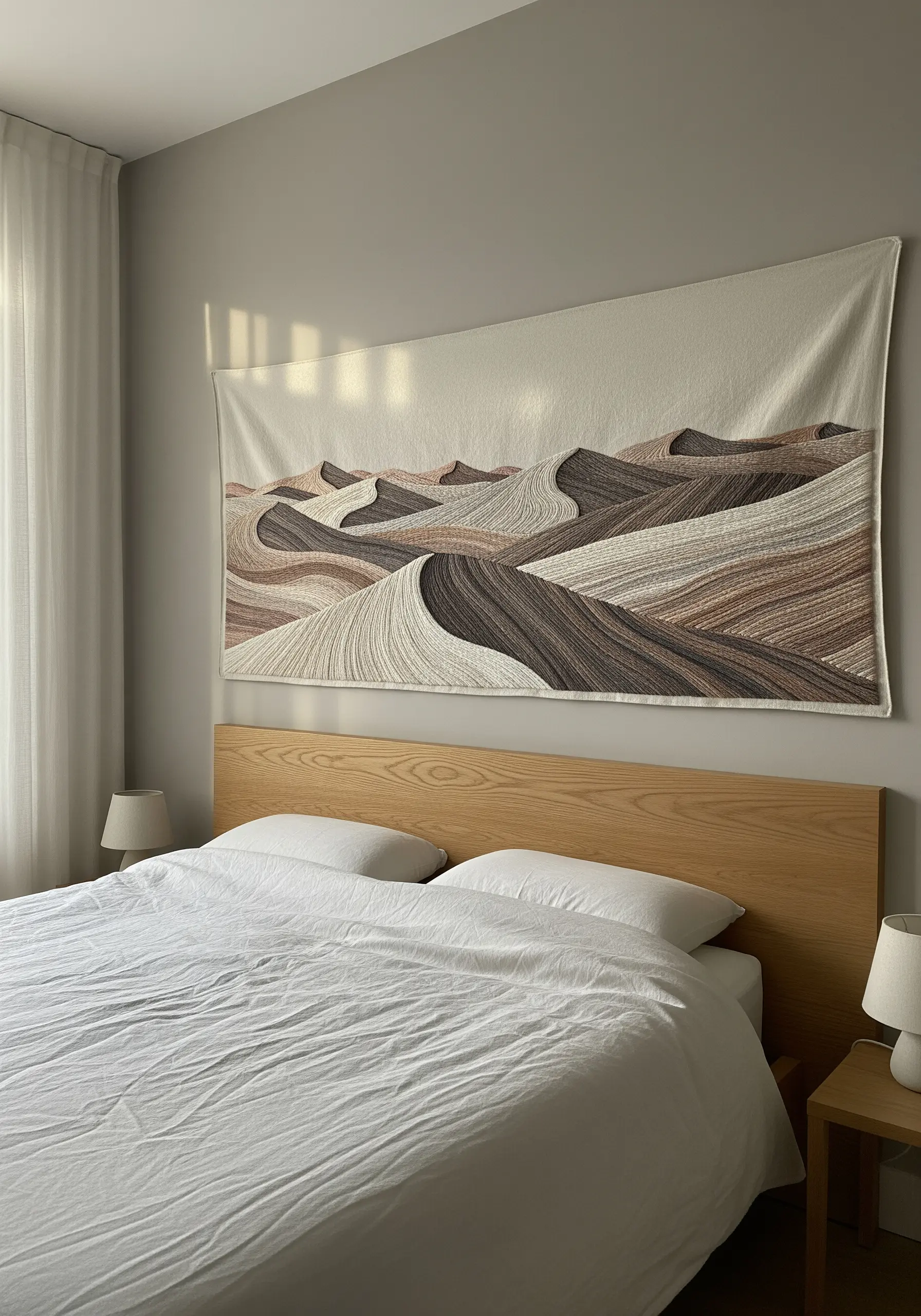 Large-scale wall tapestry with embroidered sand dunes in neutral tones over a bed.
