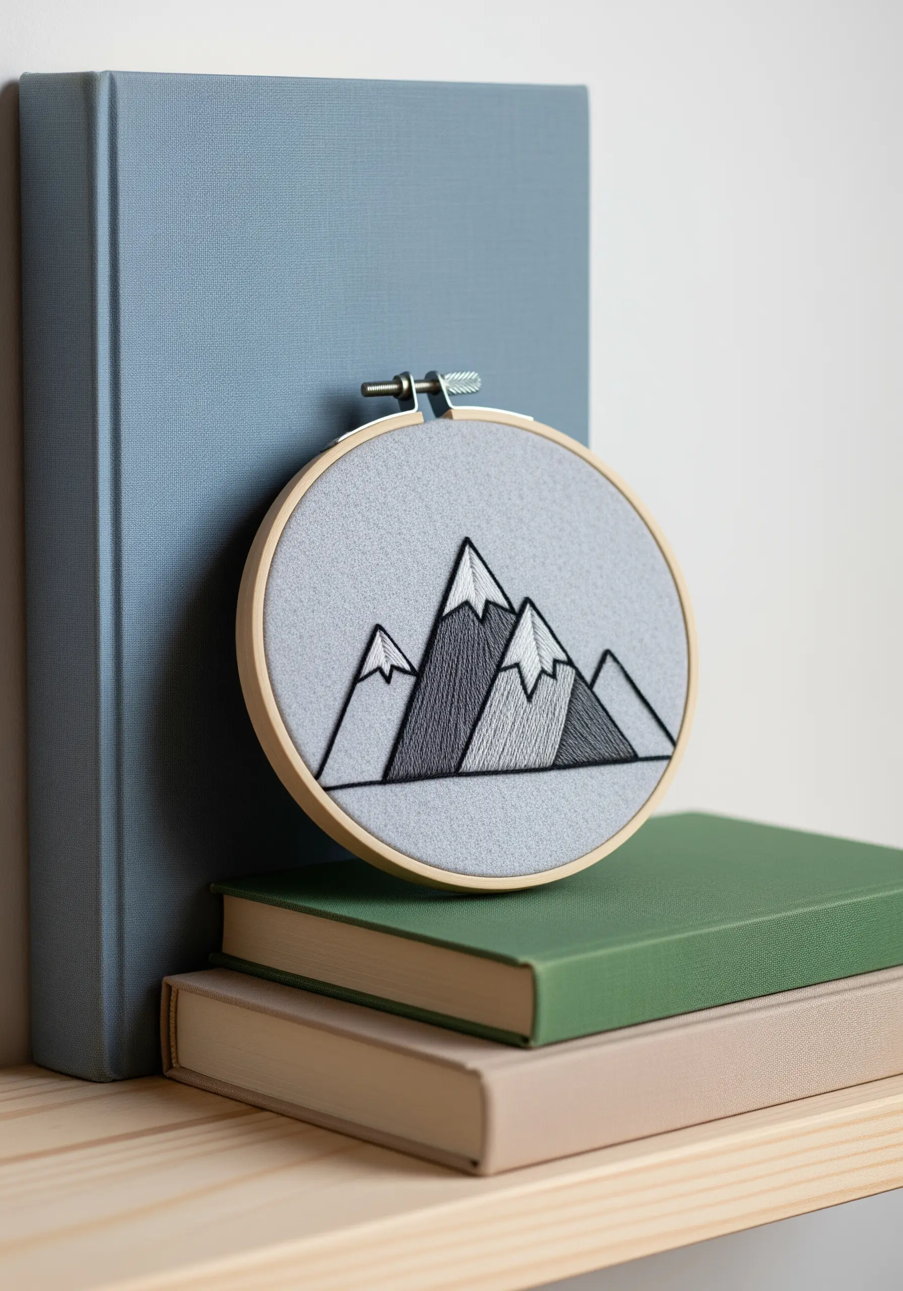 Graphic mountain range with geometric satin stitch fills in shades of gray and black.