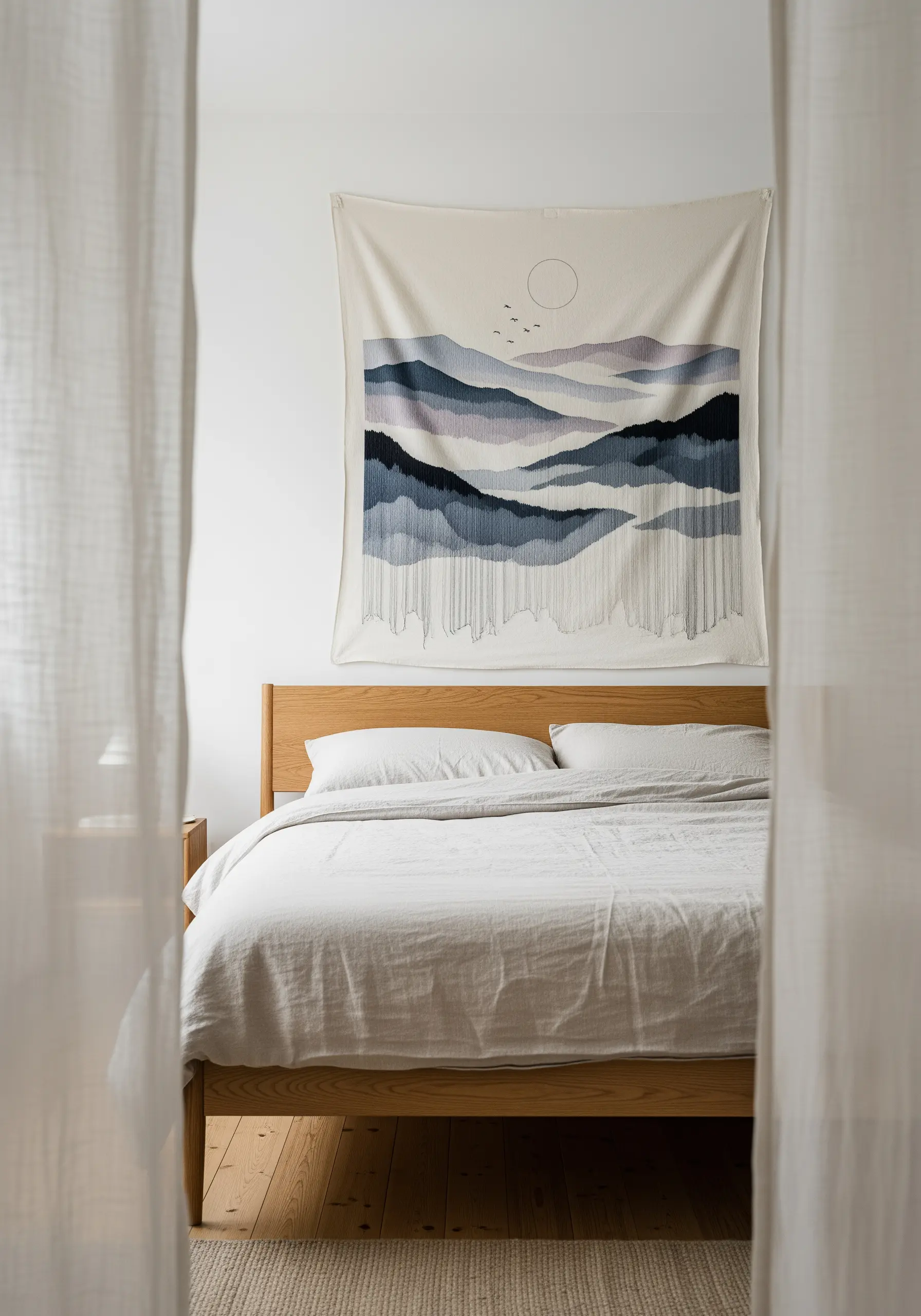 Embroidered mountain landscape wall hanging with a fringe of loose threads.