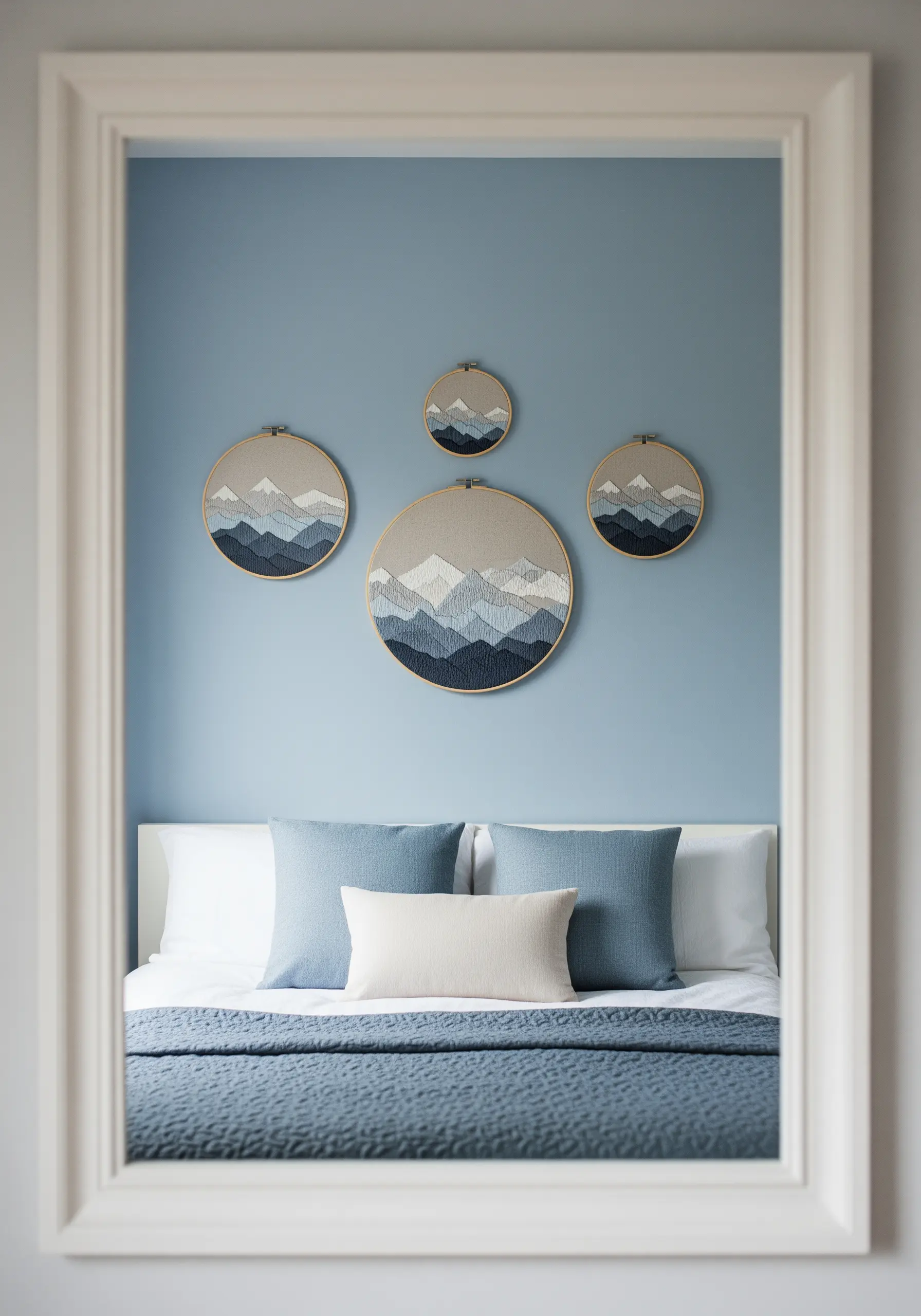 A gallery wall of four embroidery hoops depicting layered blue mountain ranges.