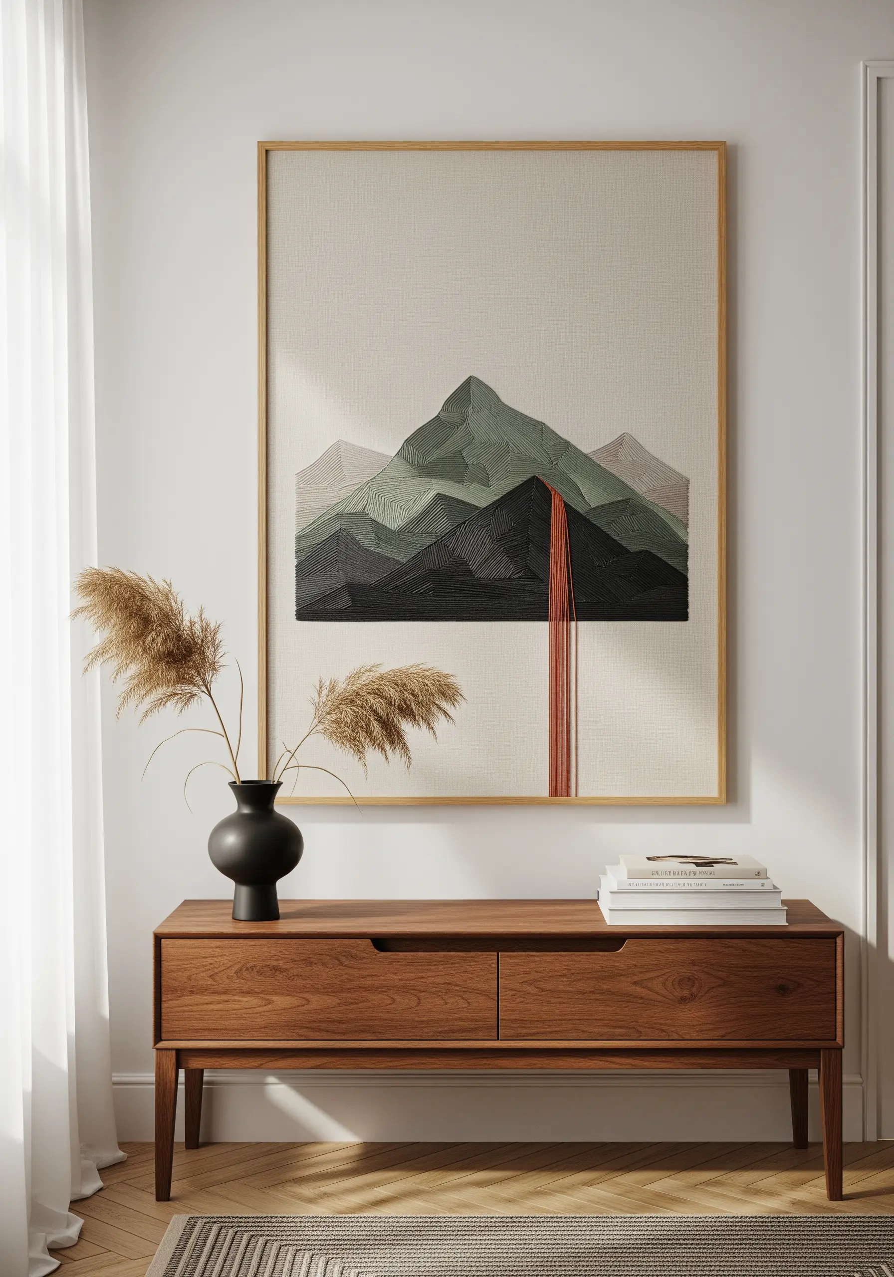 Abstract mountain landscape with dense straight stitches and a red thread waterfall.