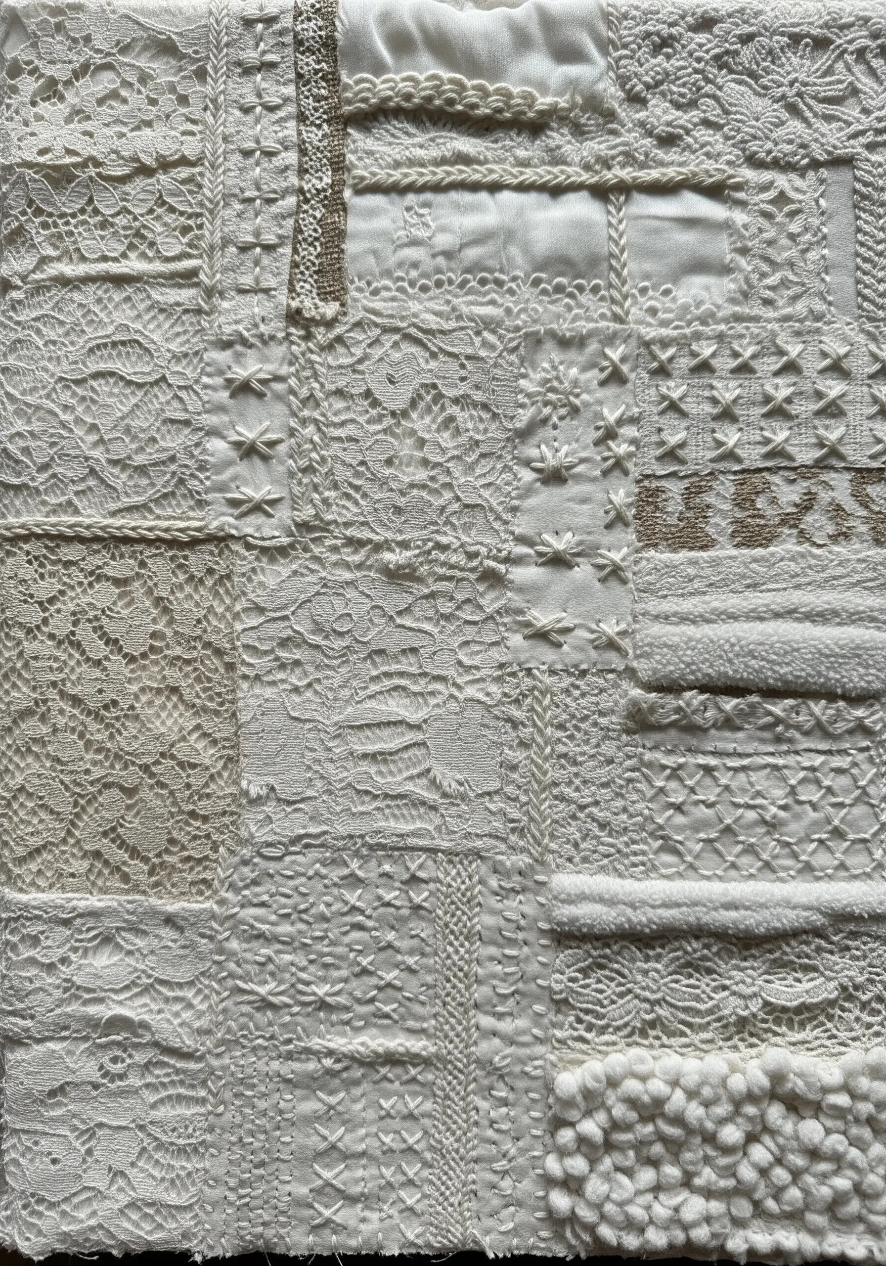 Monochromatic white fabric collage with different textured patches including lace, linen, and embroidery.