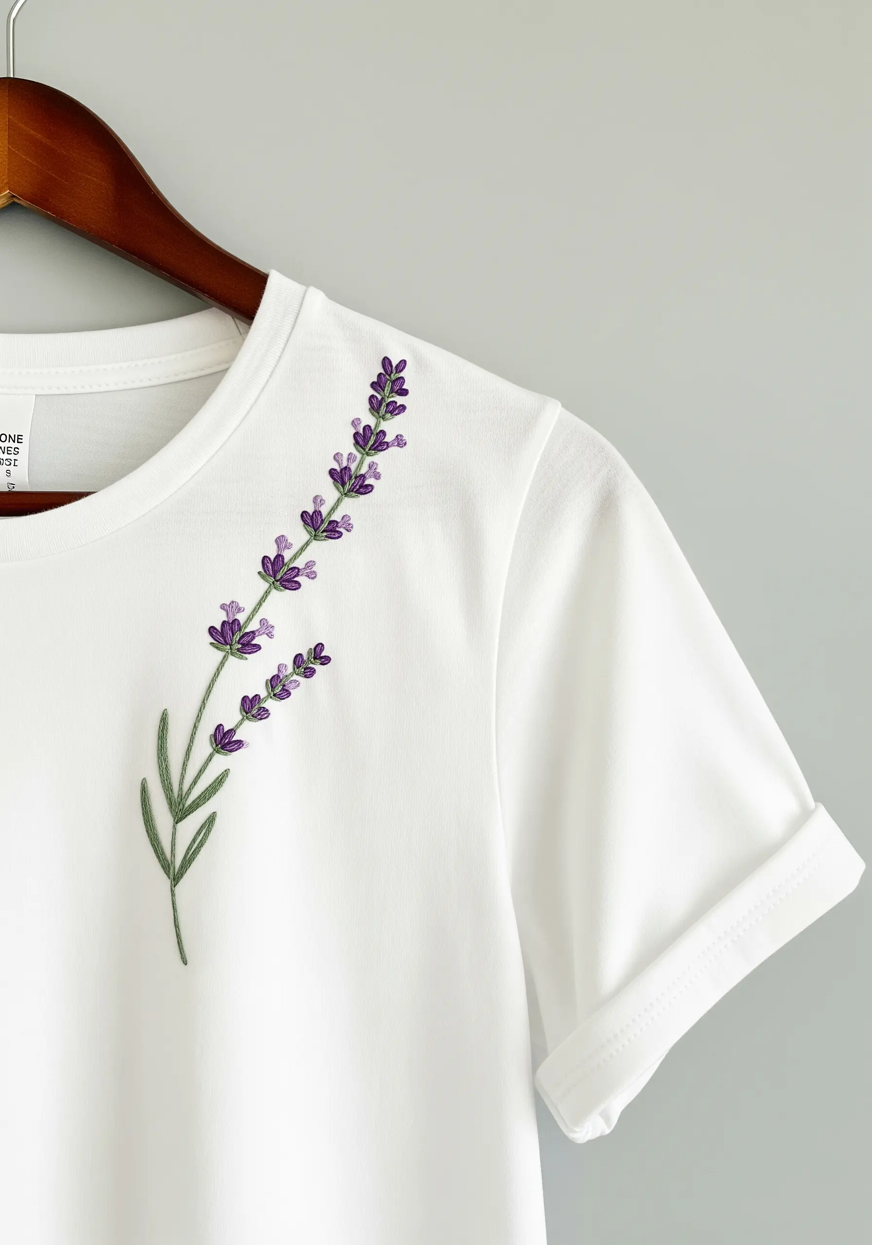 Lavender sprig embroidered on a t-shirt collar with purple and green thread.