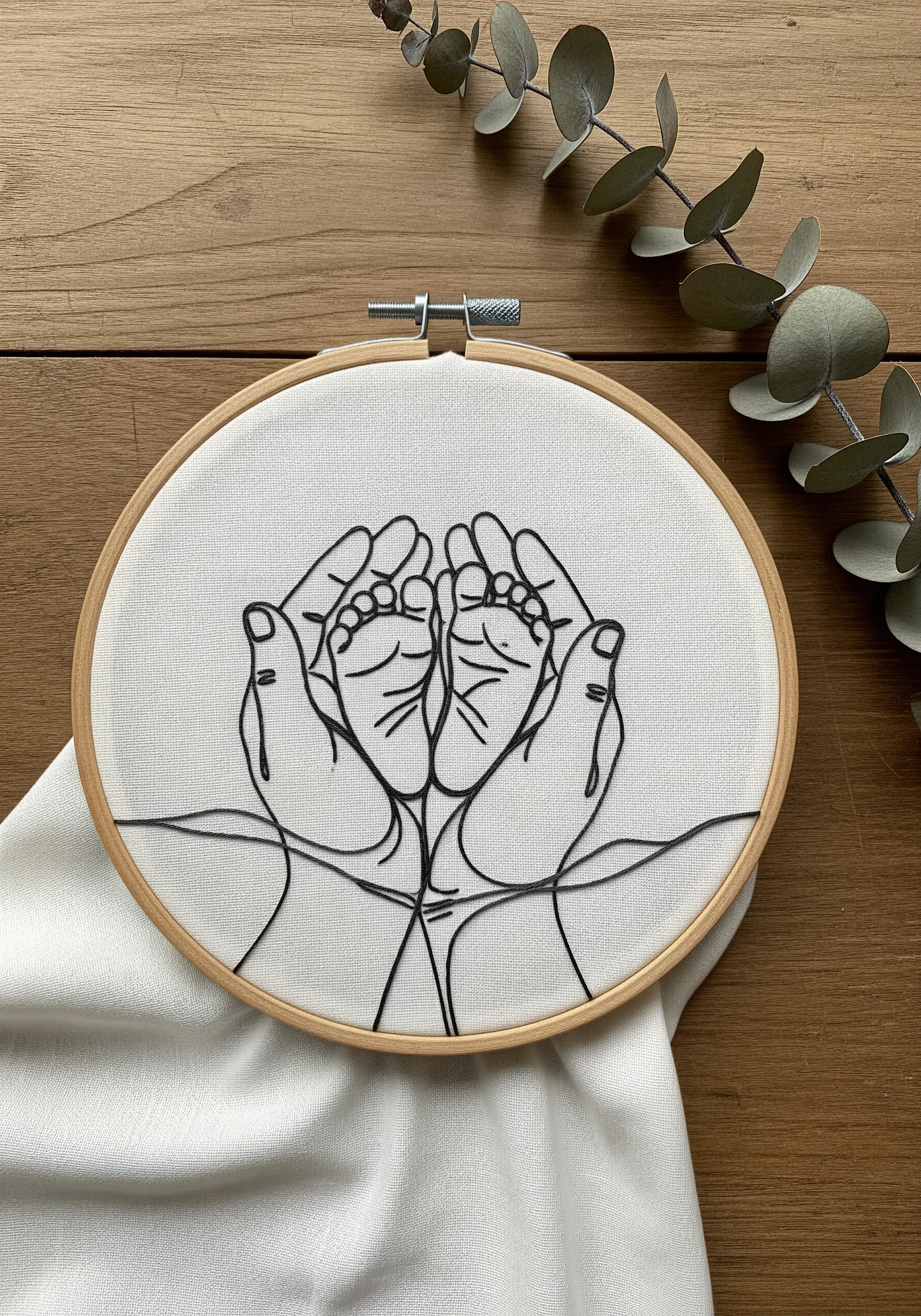 Line art embroidery of a parent's hands cupping a baby's feet, stitched in black on white fabric.