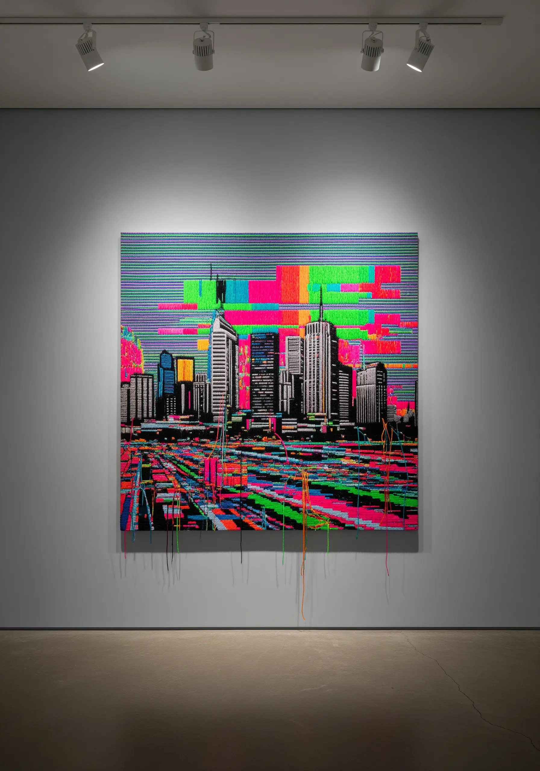 A large embroidered cityscape with neon-colored digital glitch effects and long, loose threads hanging down.
