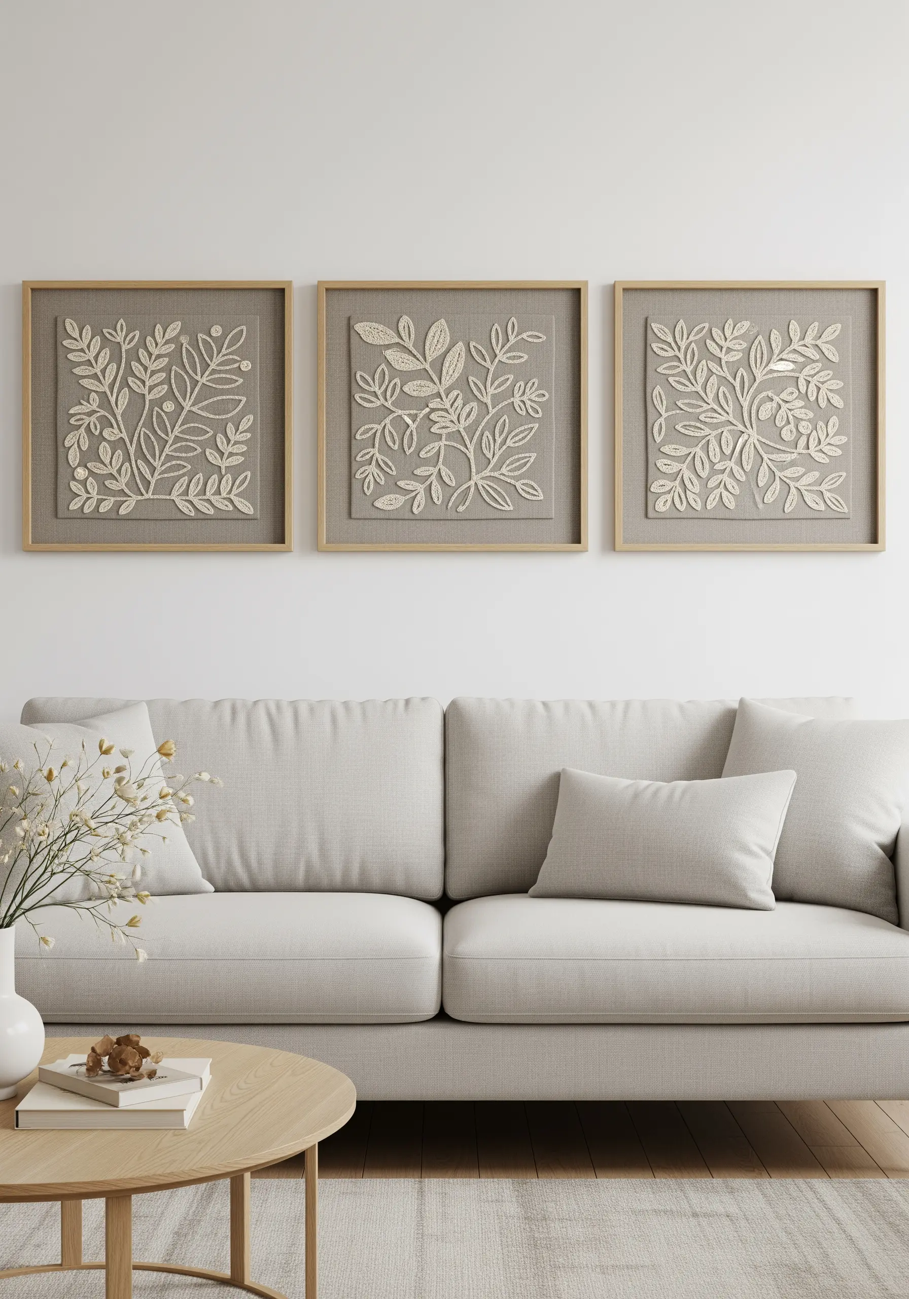 A triptych of framed botanical embroidery with raised, padded satin stitch leaves.