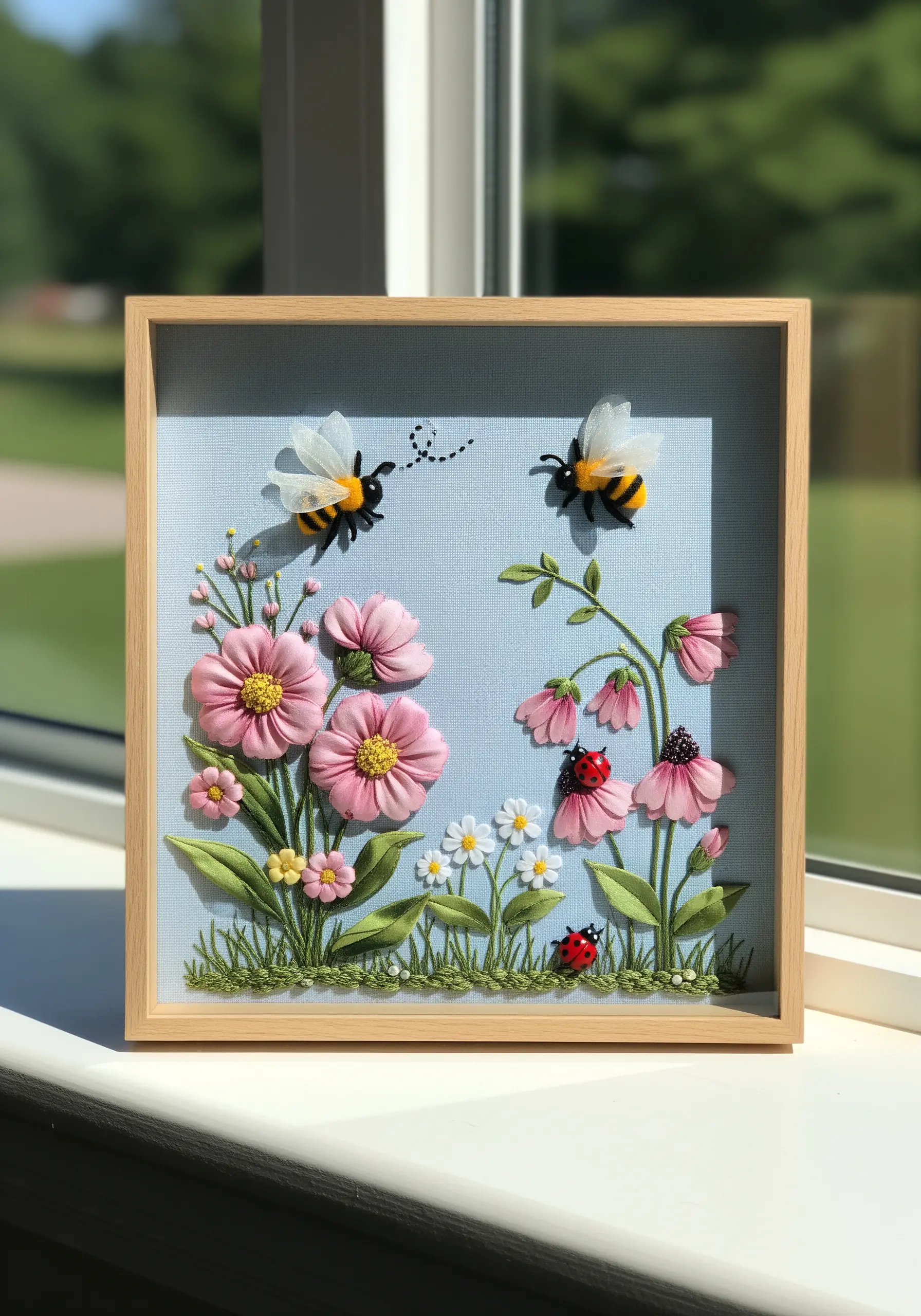 A framed ribbon embroidery piece with 3D pink flowers, bees, and ladybugs on a light blue fabric.