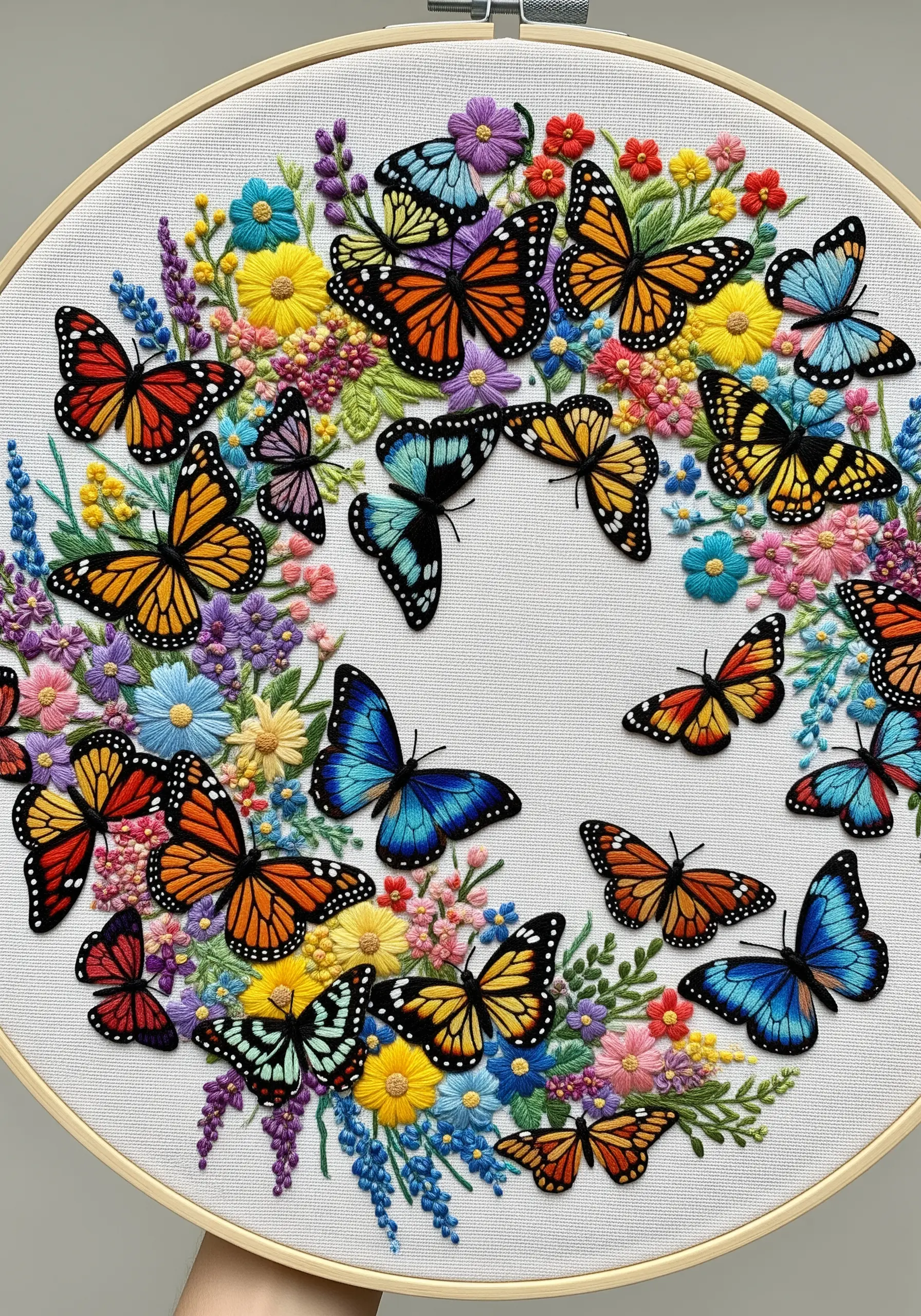 A dense, colorful cluster of various butterflies embroidered over a floral background.
