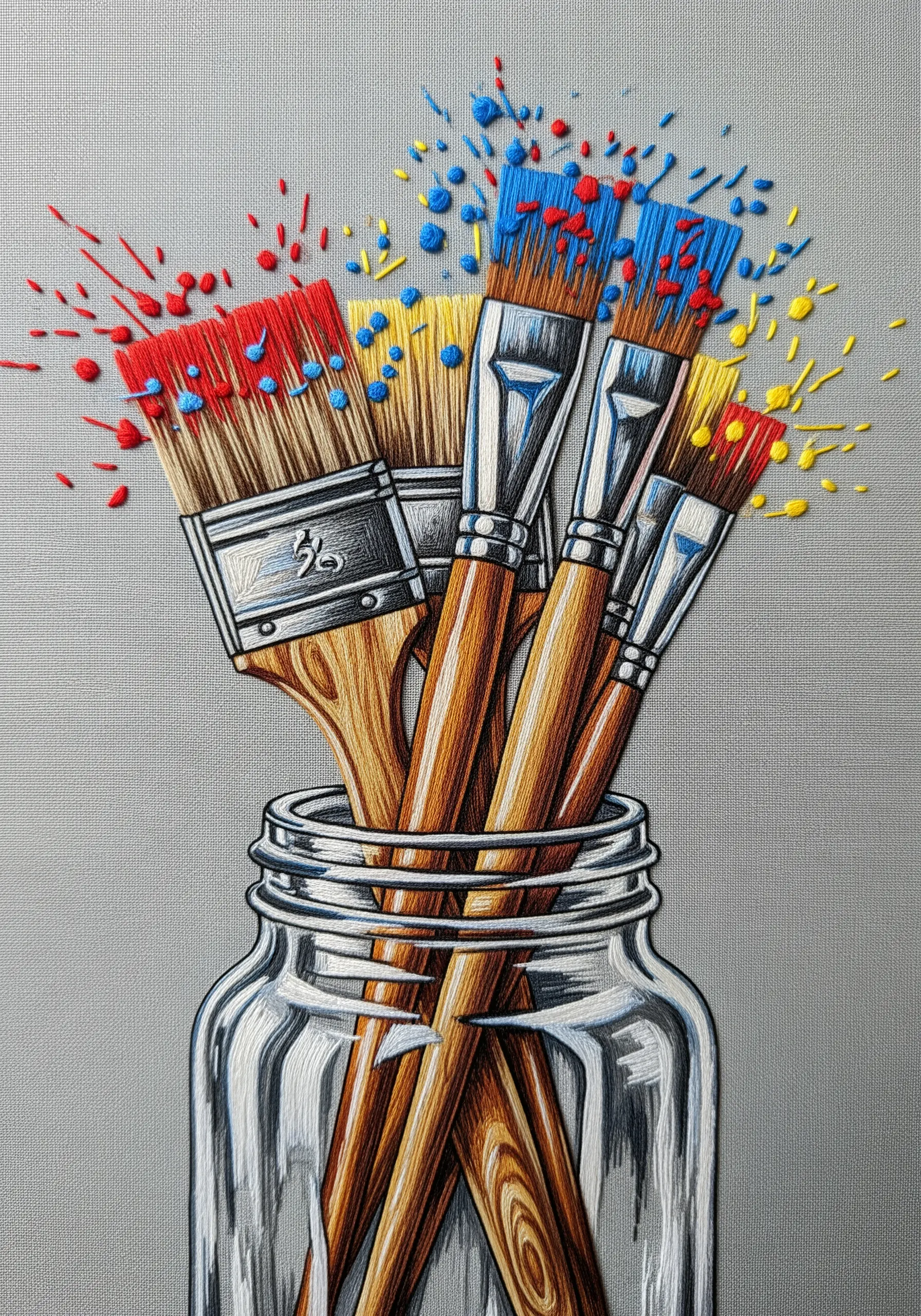 Embroidered paint brushes in a jar with colorful paint splatters around them.