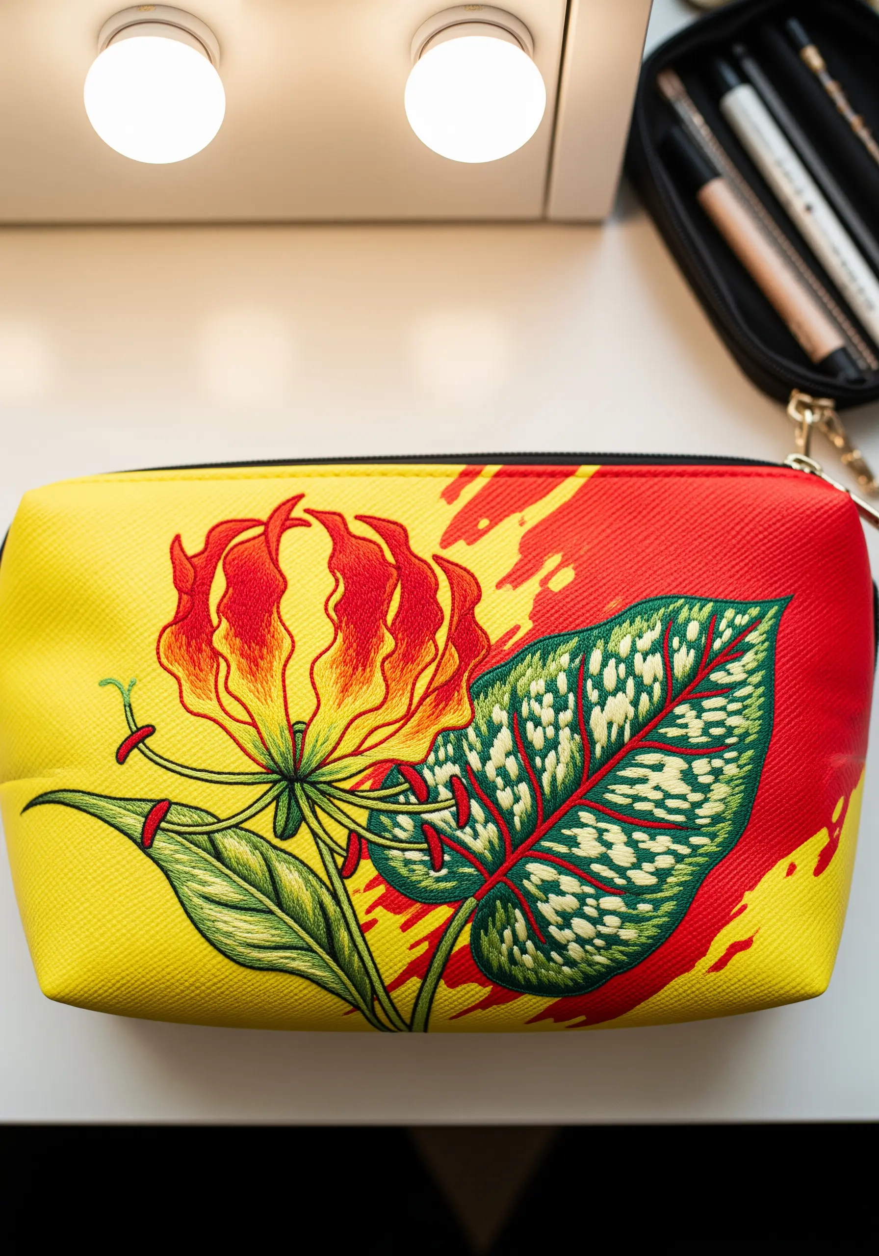 A Flame Lily and a patterned leaf embroidered on a vibrant yellow and red color-blocked background.