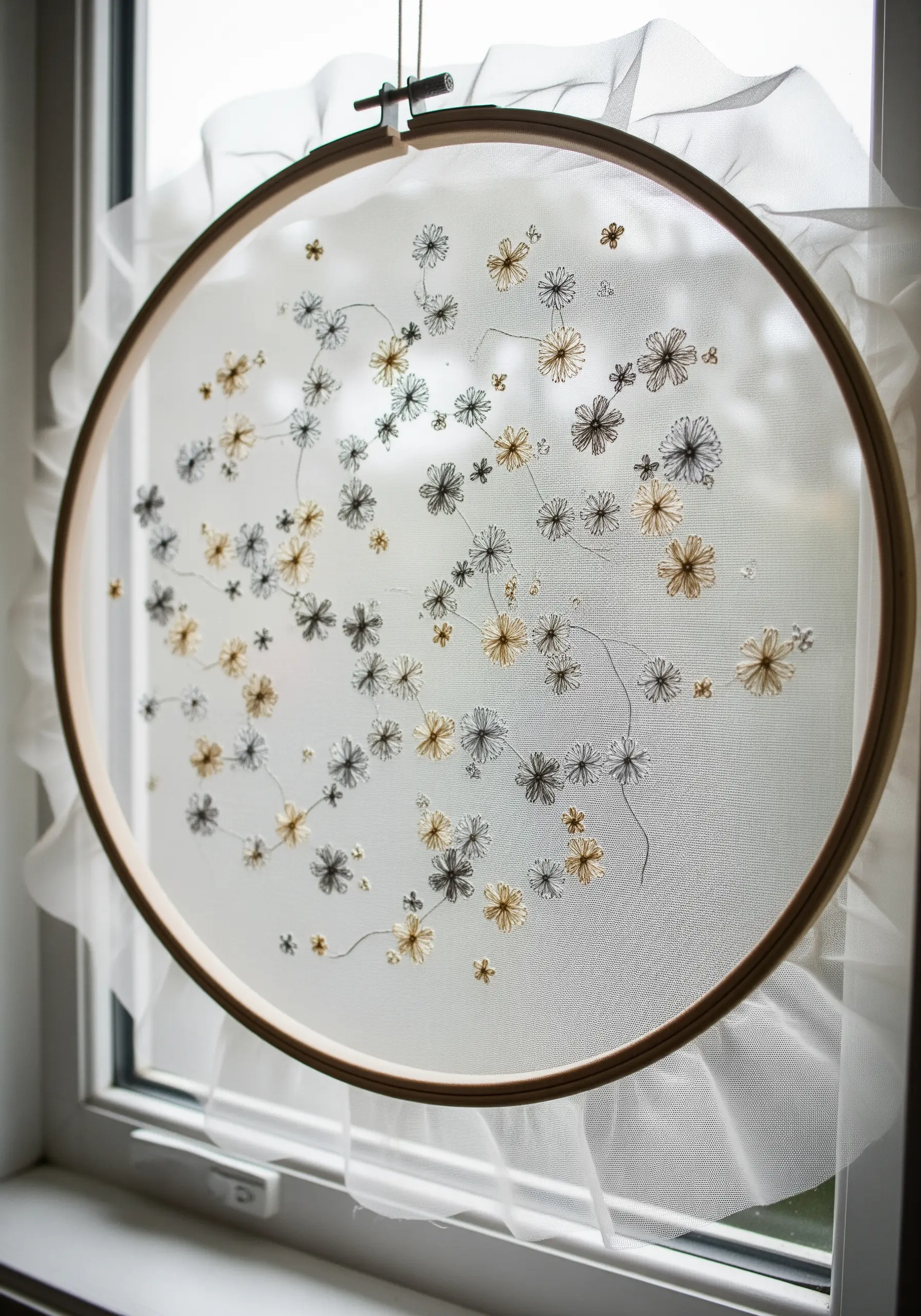 Delicate flowers embroidered on sheer organza fabric in a hoop, creating a floating effect.