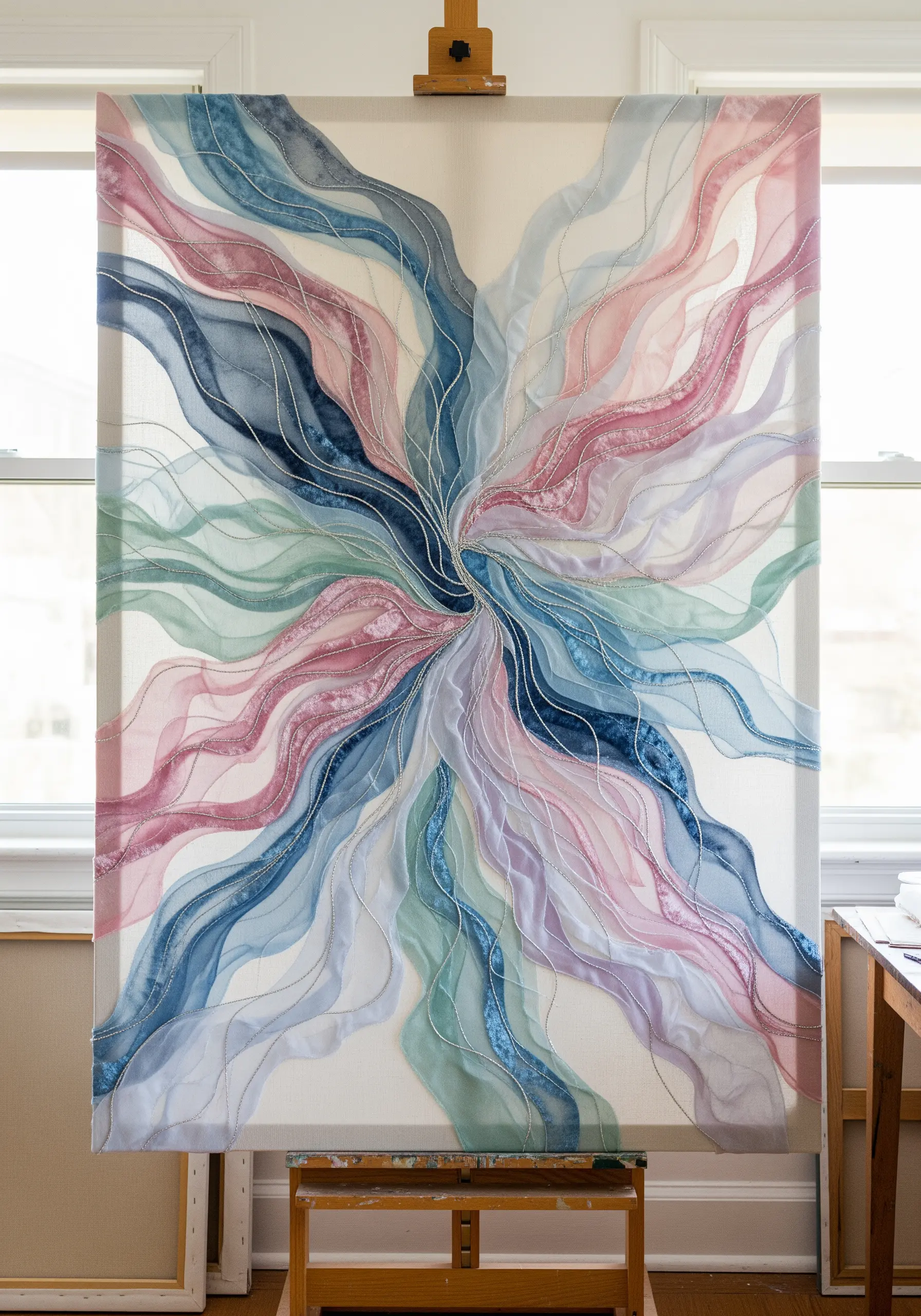 Abstract textile art with flowing, layered ribbons of sheer pastel fabric stitched onto canvas.