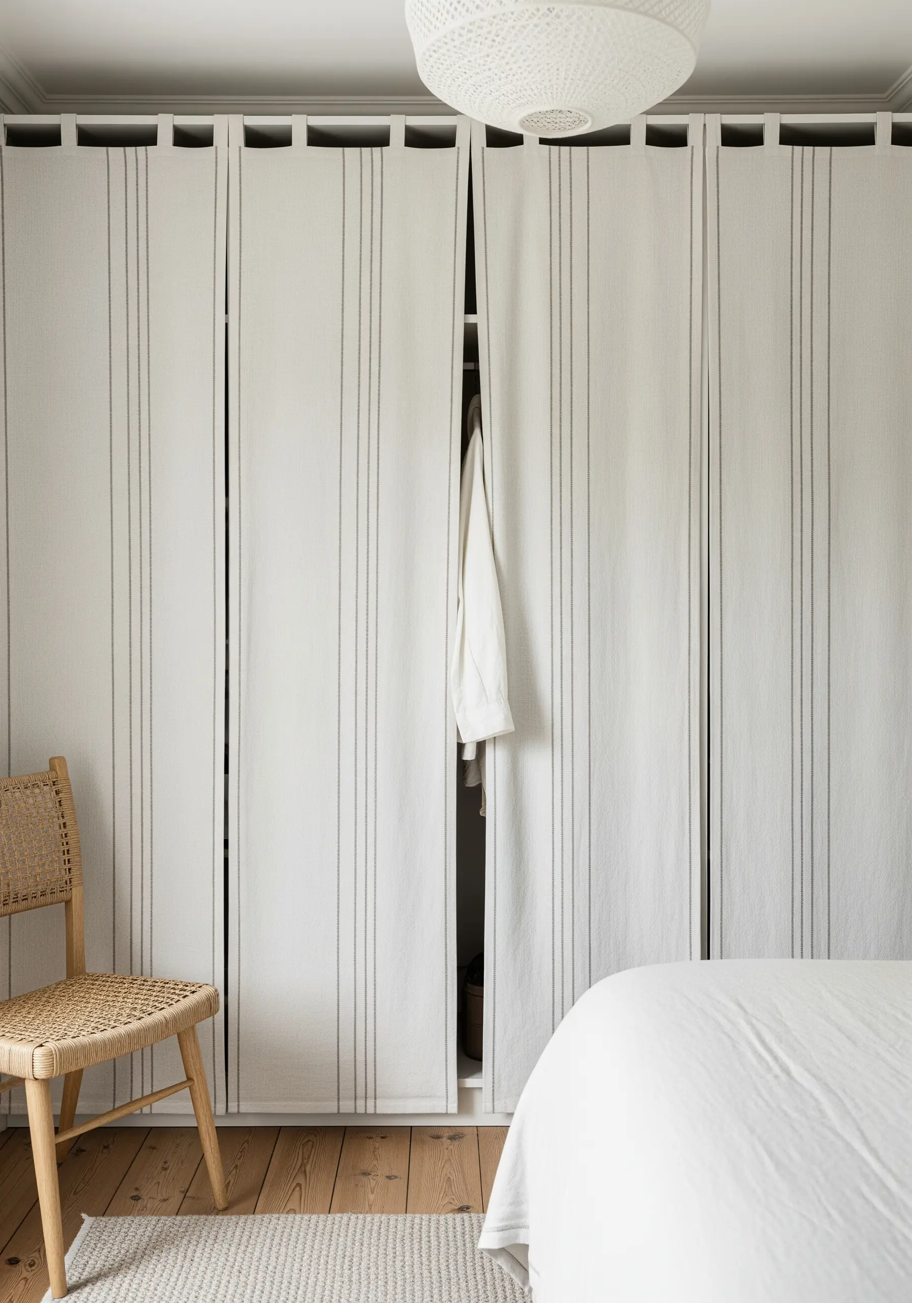 Fabric panels used as closet doors, featuring simple, vertically stitched pinstripes in a dark thread.