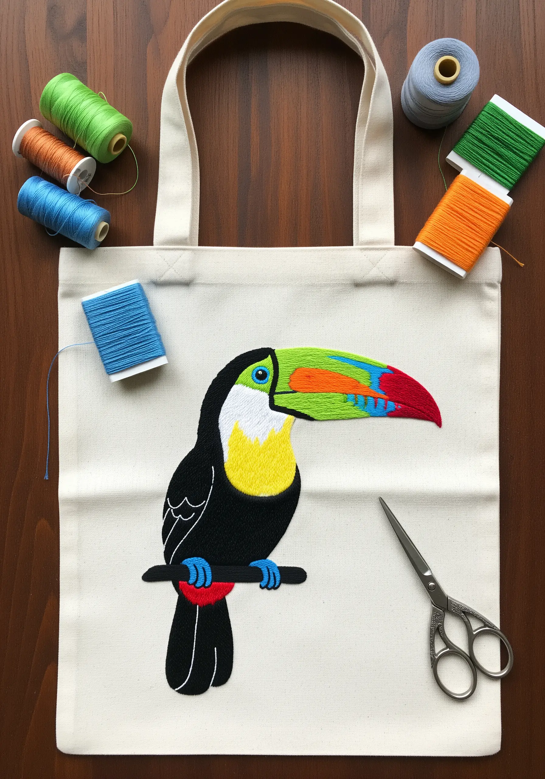 Boldly embroidered toucan with a colorful beak and satin stitch fill on a tote bag.