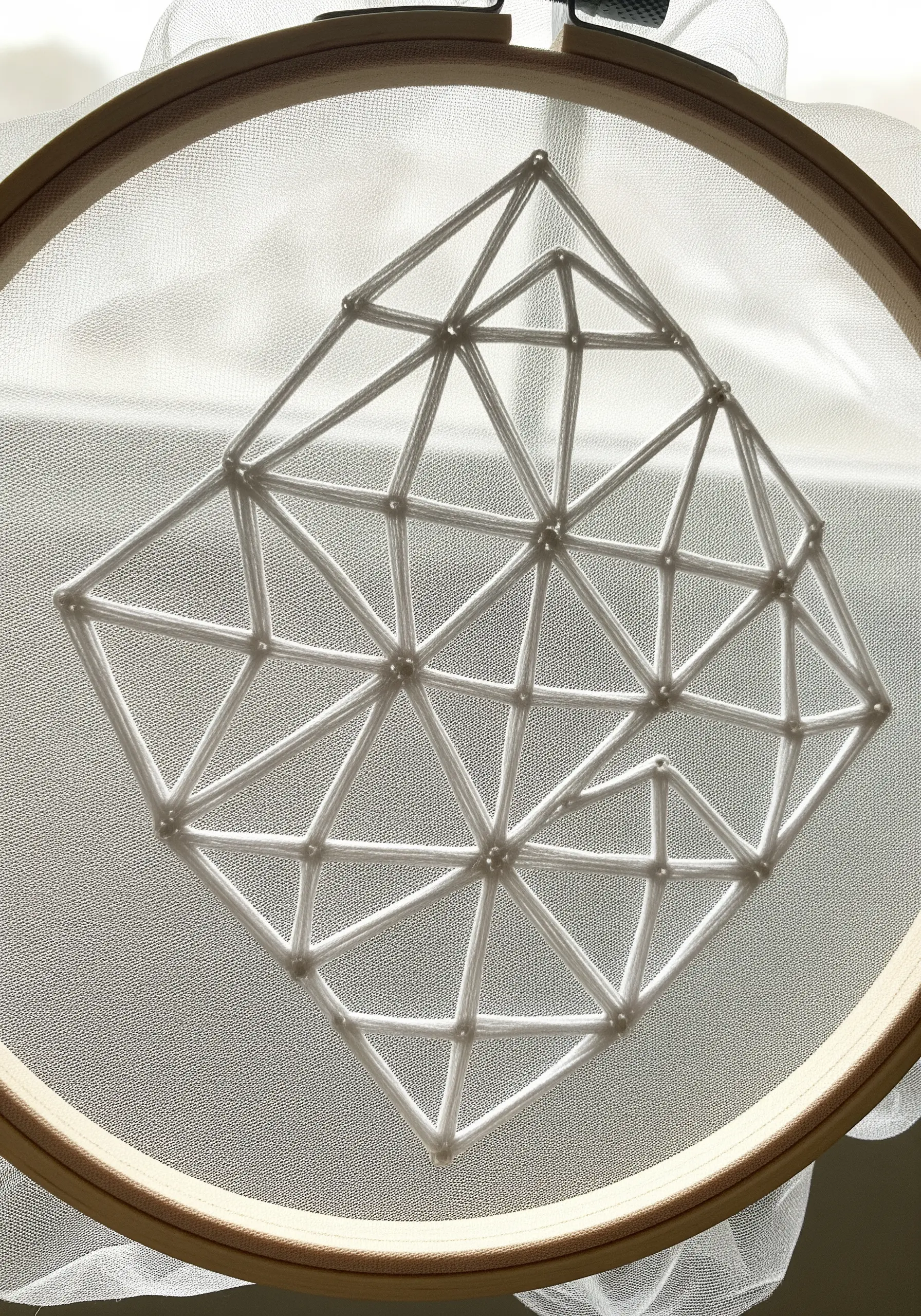 A white geometric pattern with pearl accents stitched on sheer tulle in a hoop.