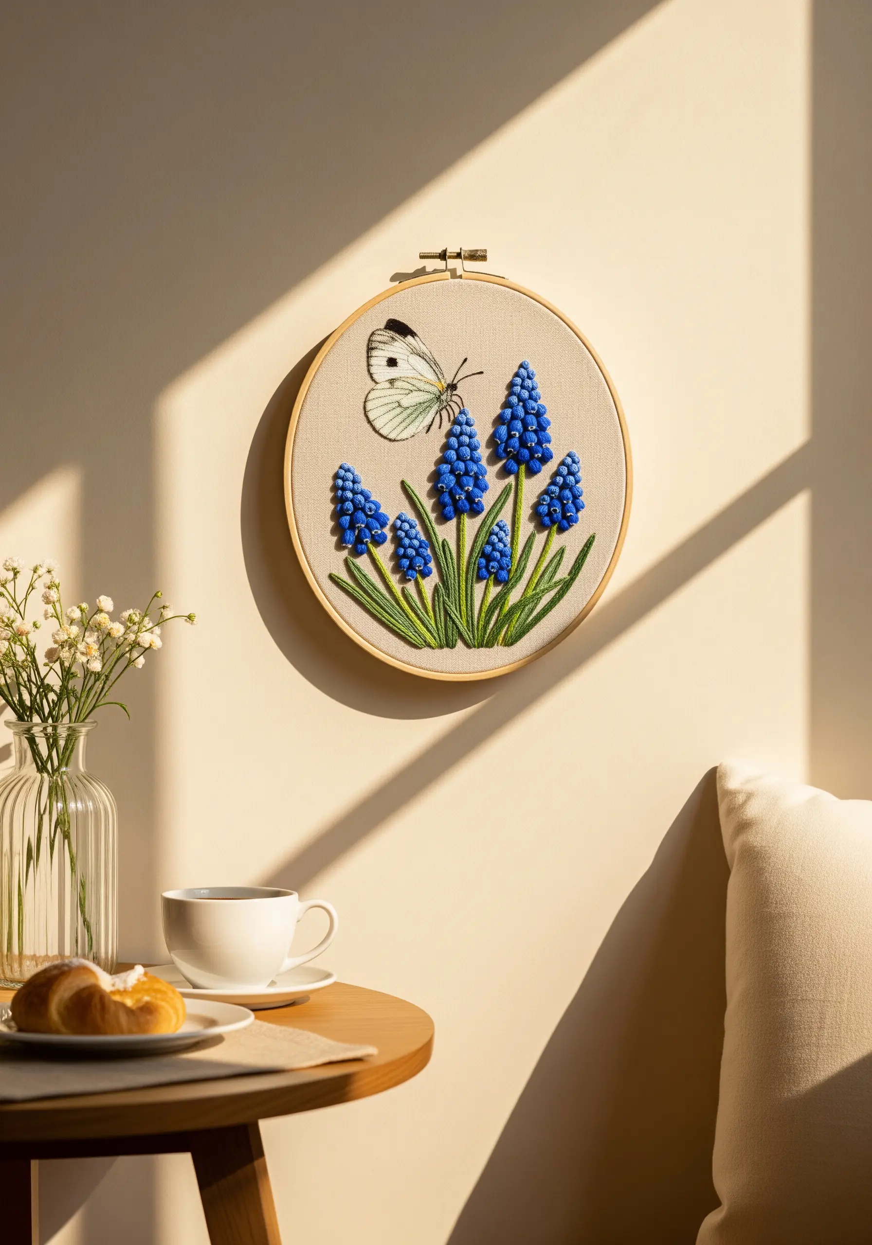 A Cabbage White butterfly with dimensional grape hyacinth flowers made of French knots.