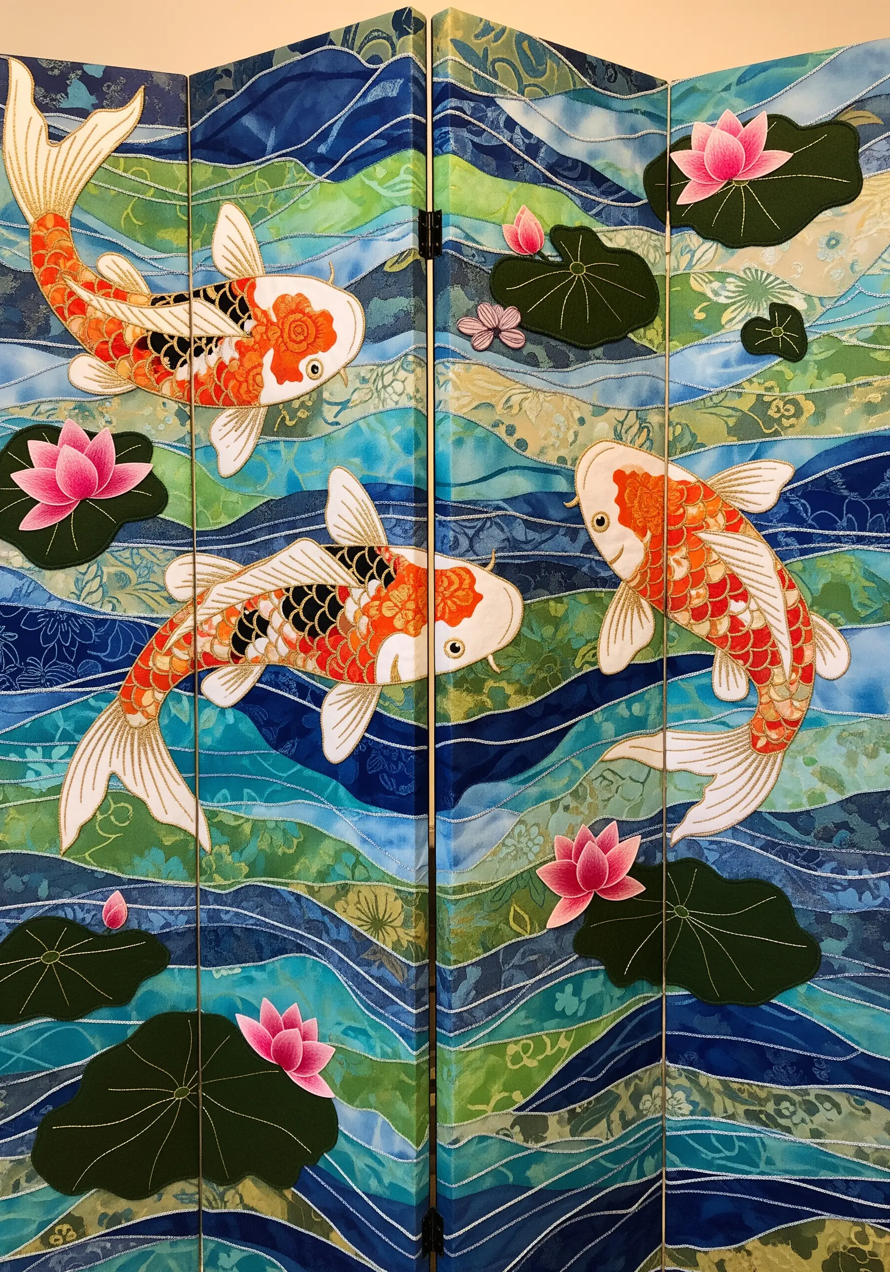 Appliqué of three koi fish on a folding screen with a patterned blue and green water background.