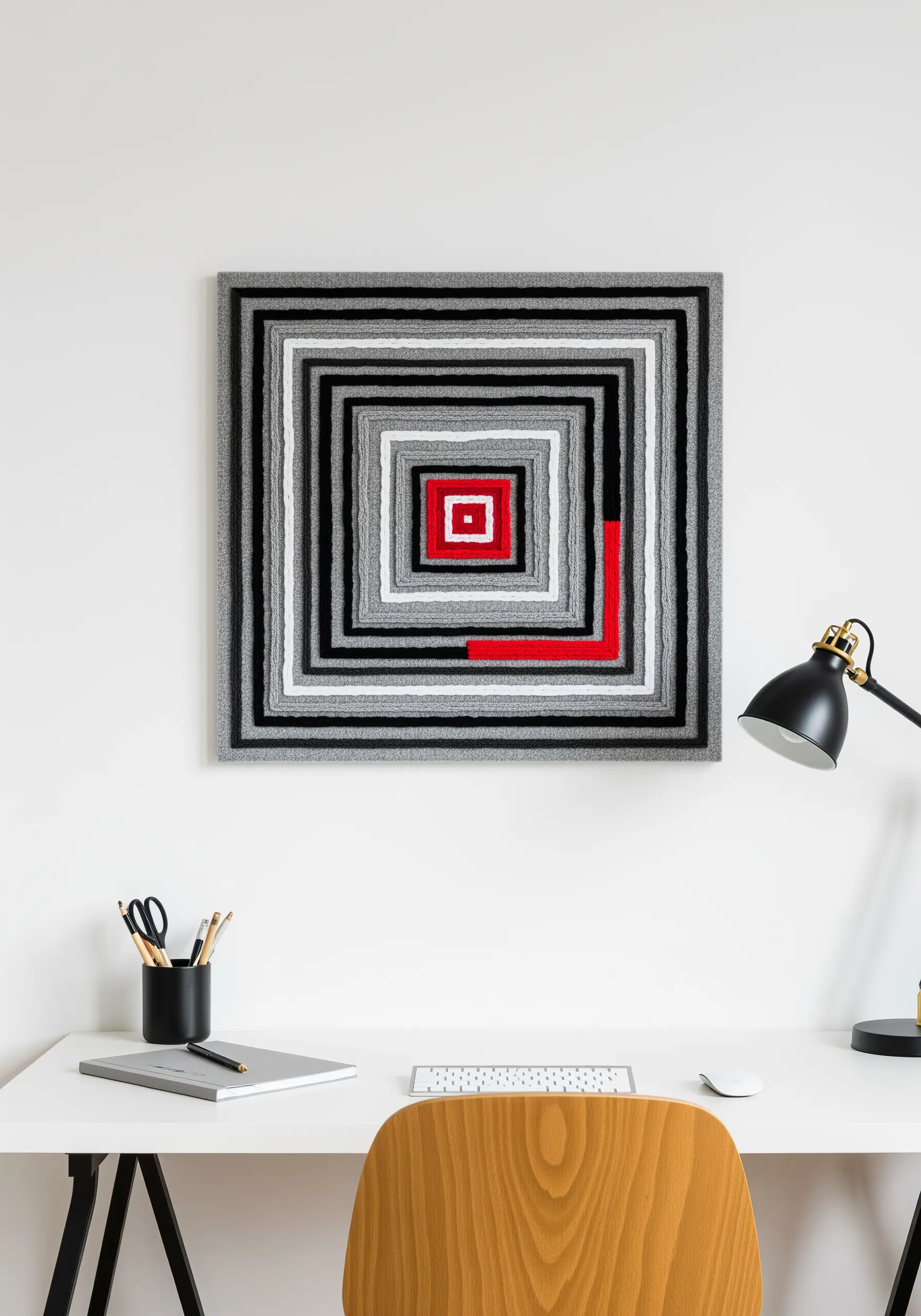 Geometric wall art made of wrapped yarn in black, white, and grey with a small red square.