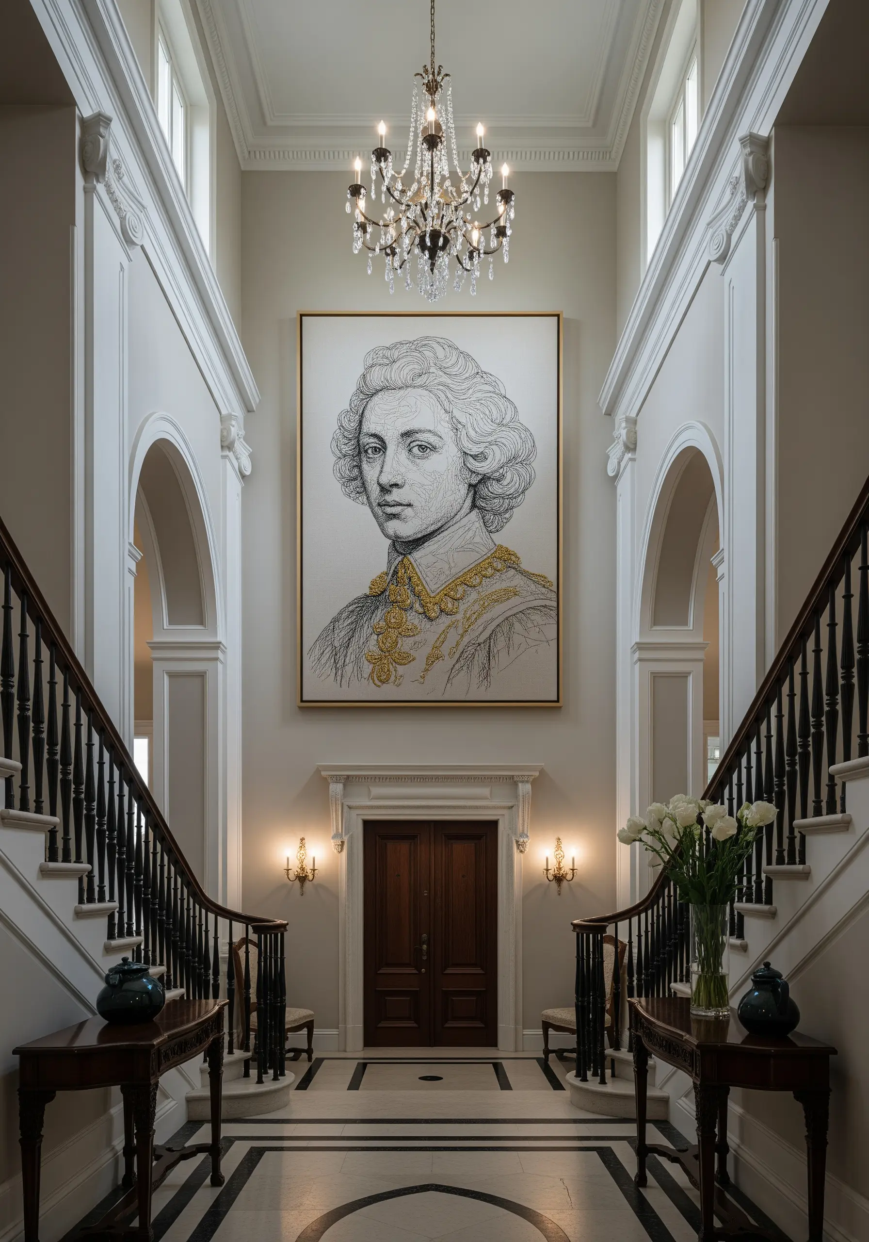A very large, framed blackwork-style portrait hanging in a grand entryway.