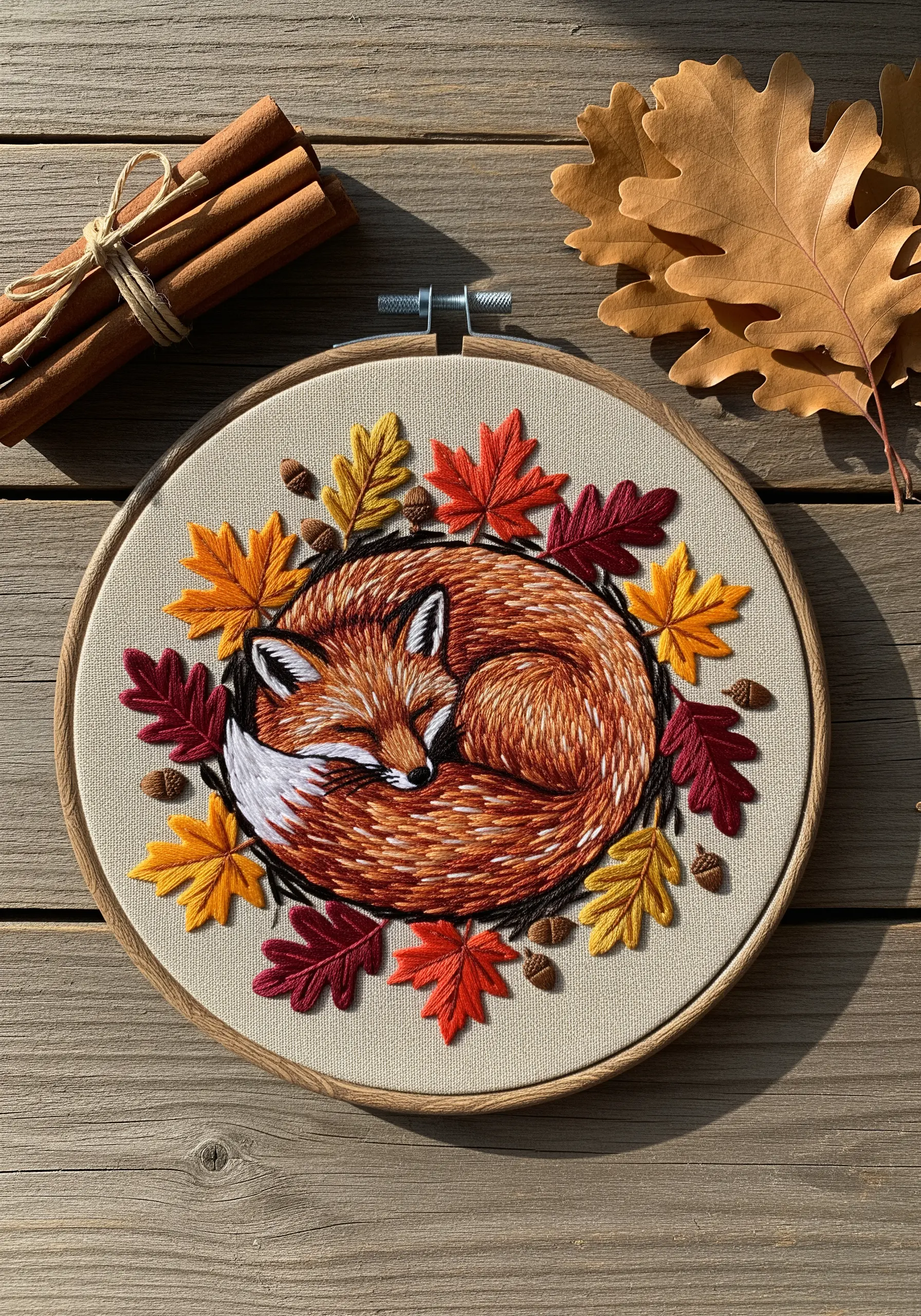 Embroidered sleeping fox curled in a circle of autumn leaves