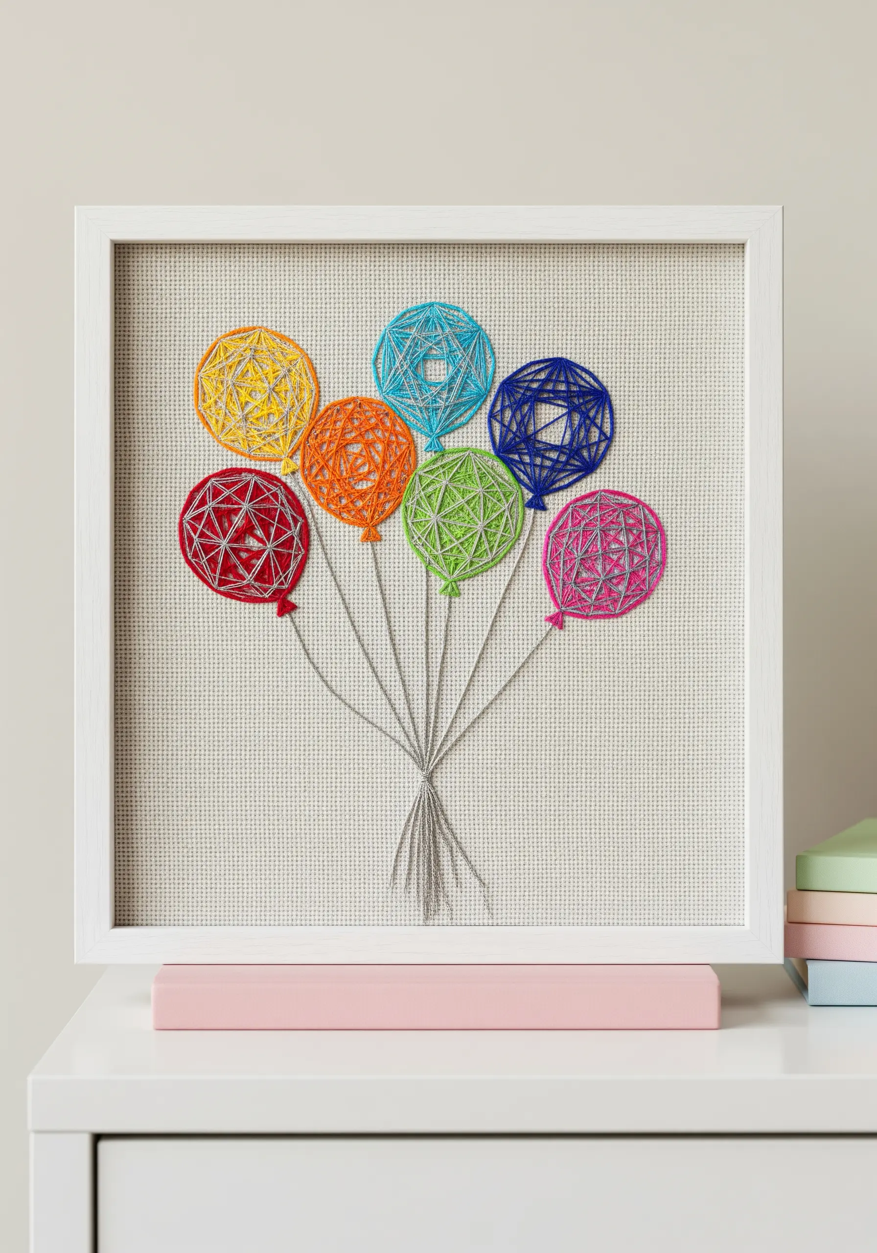 Framed string art using colorful threads to create geometric balloon patterns.