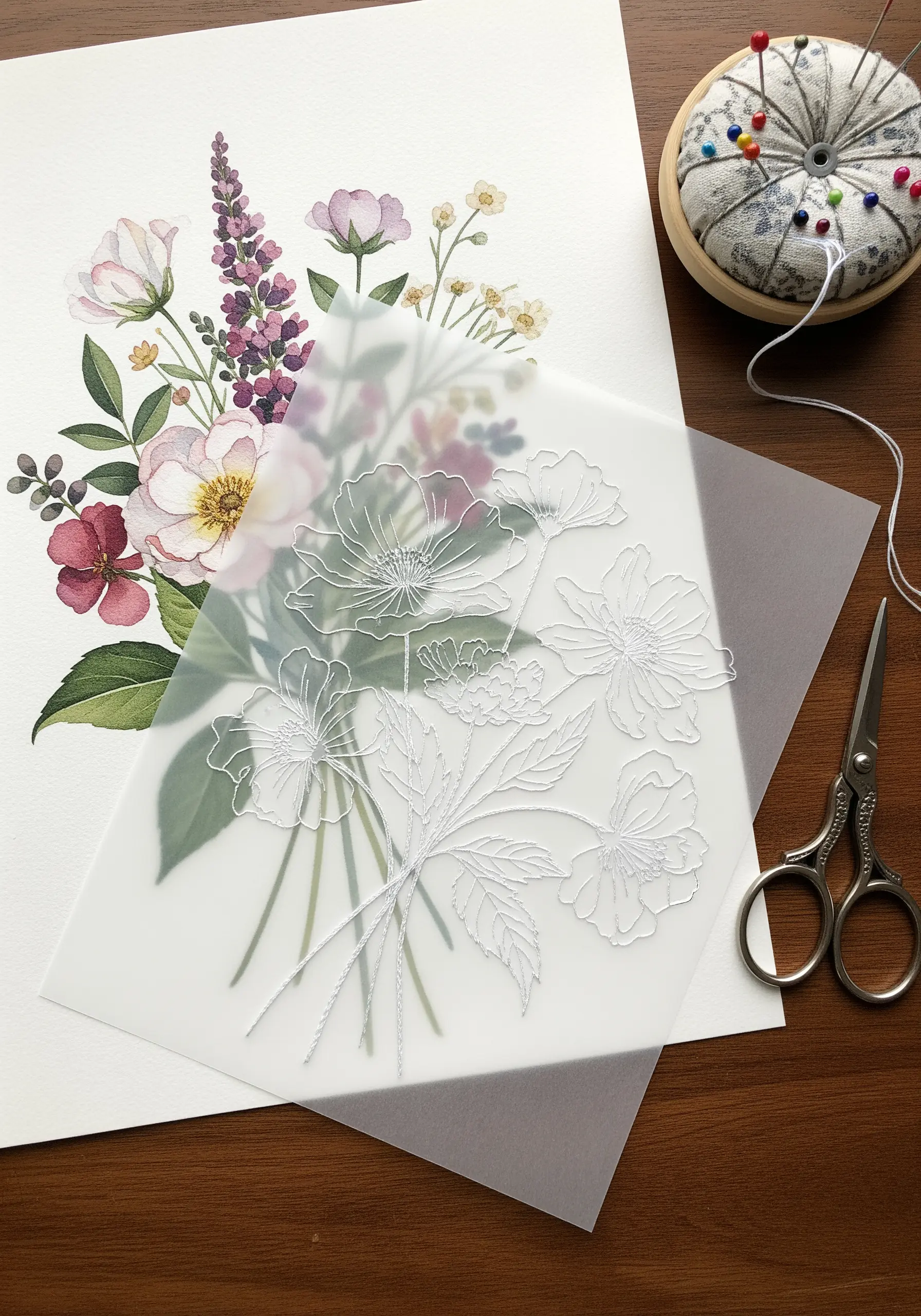 White thread embroidered in a floral line-art pattern on a translucent vellum overlay.