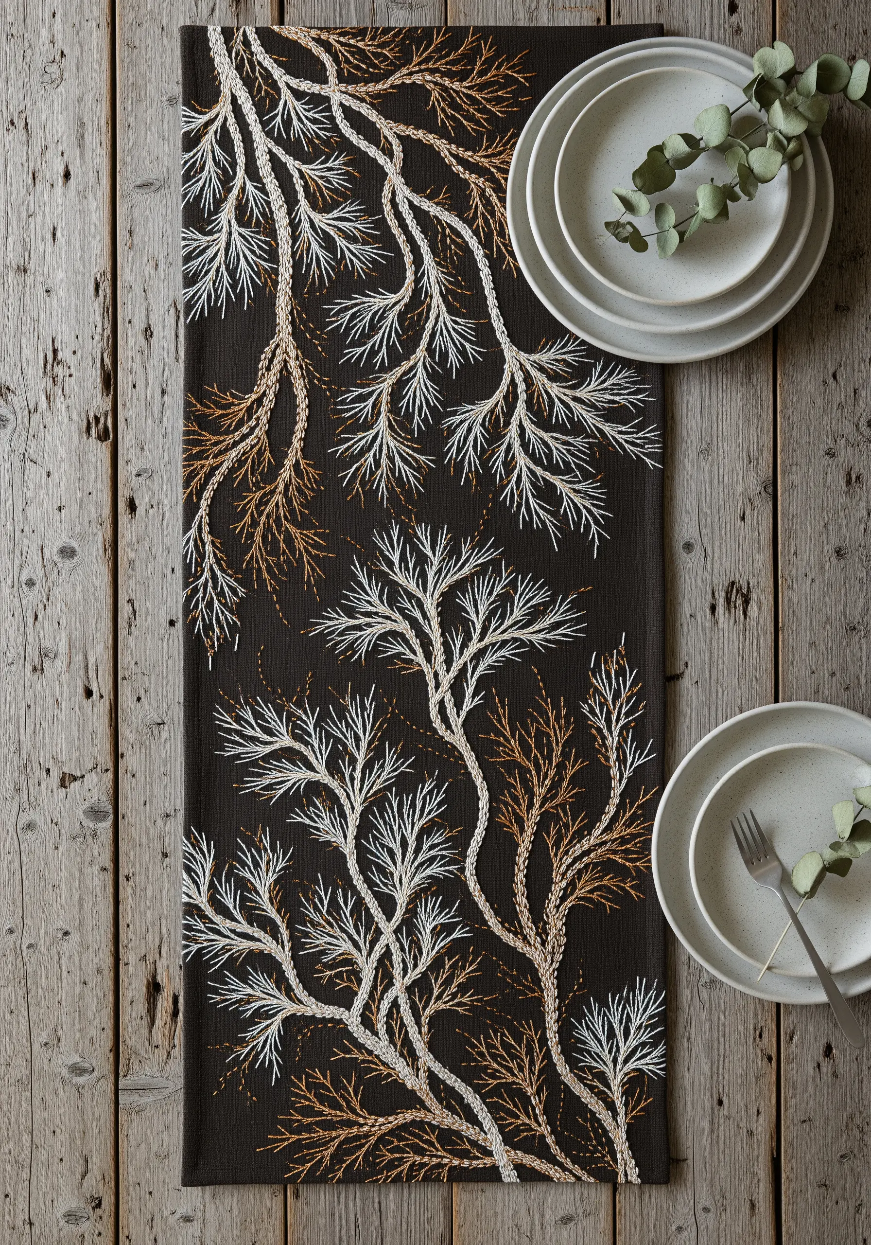 Dark table runner with delicate branch embroidery in white and gold thread, using negative space.