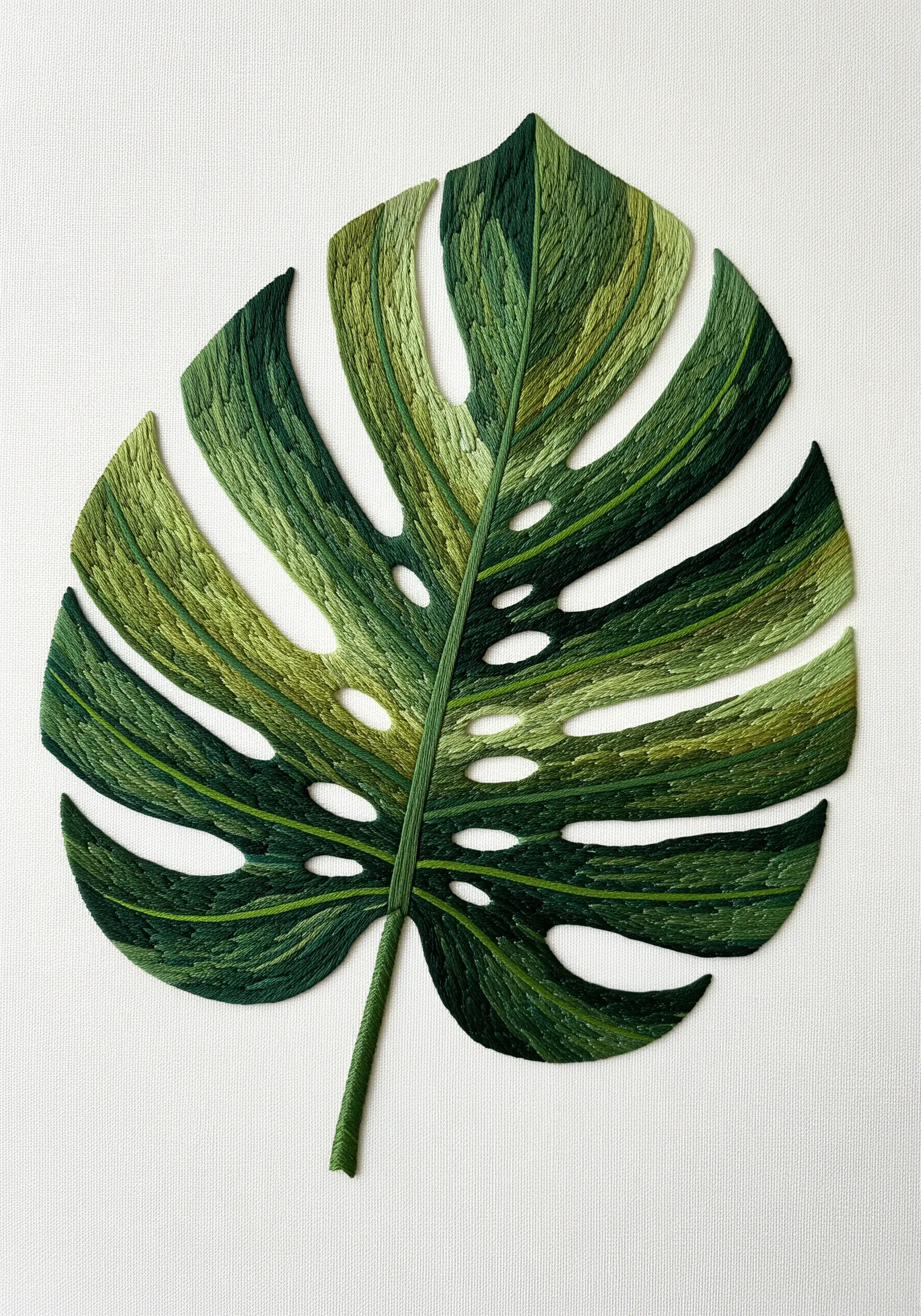 A monstera leaf embroidered with sections of different green shades (color blocking).
