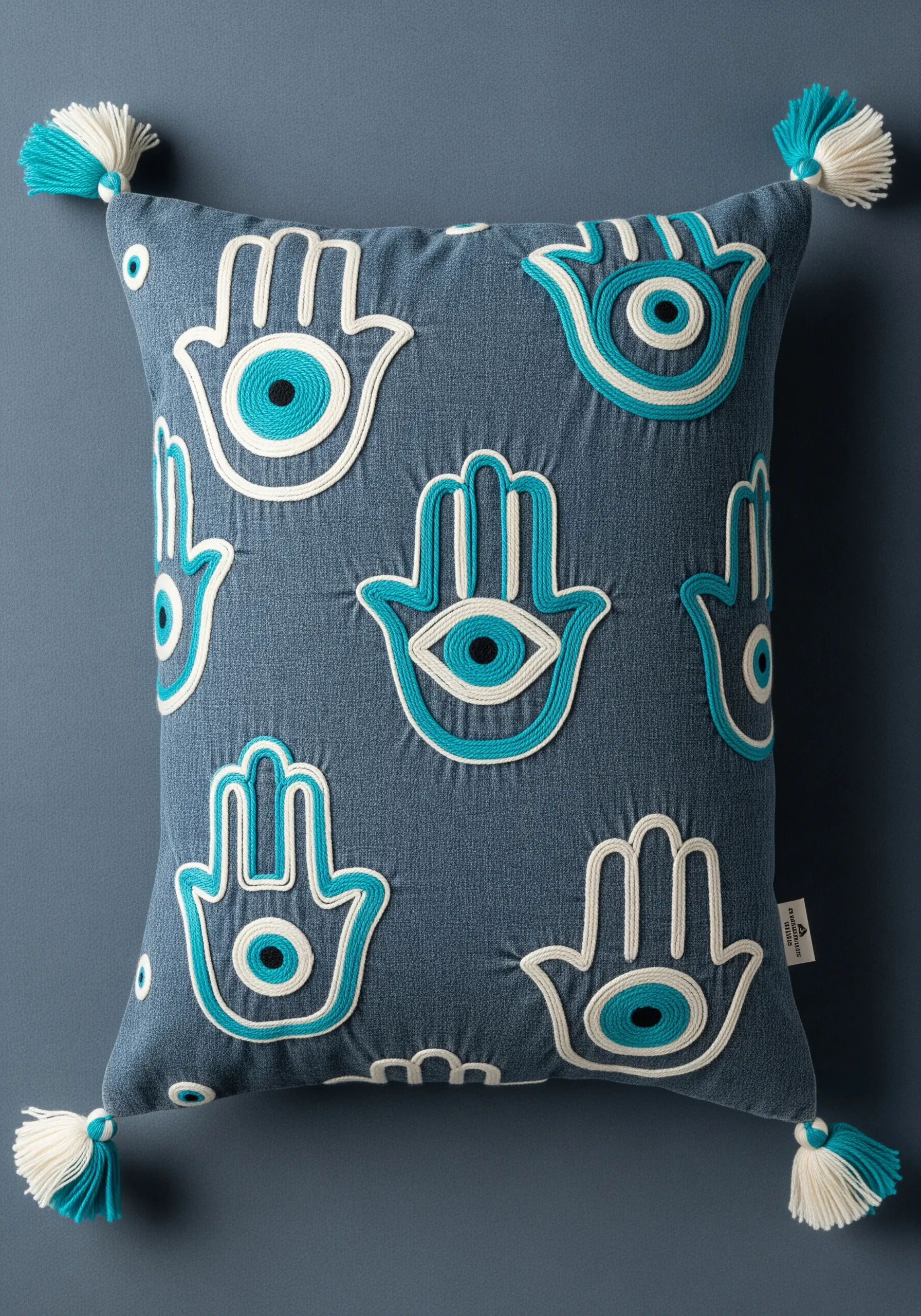 A pattern of Hamsa hand and evil eye symbols on a blue cushion