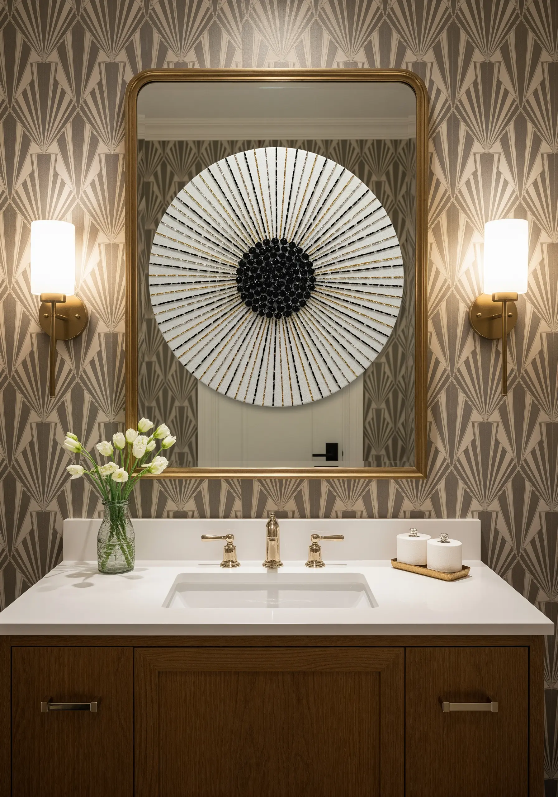 A circular, graphic embroidery with black, white, and gold threads radiating from a central point.