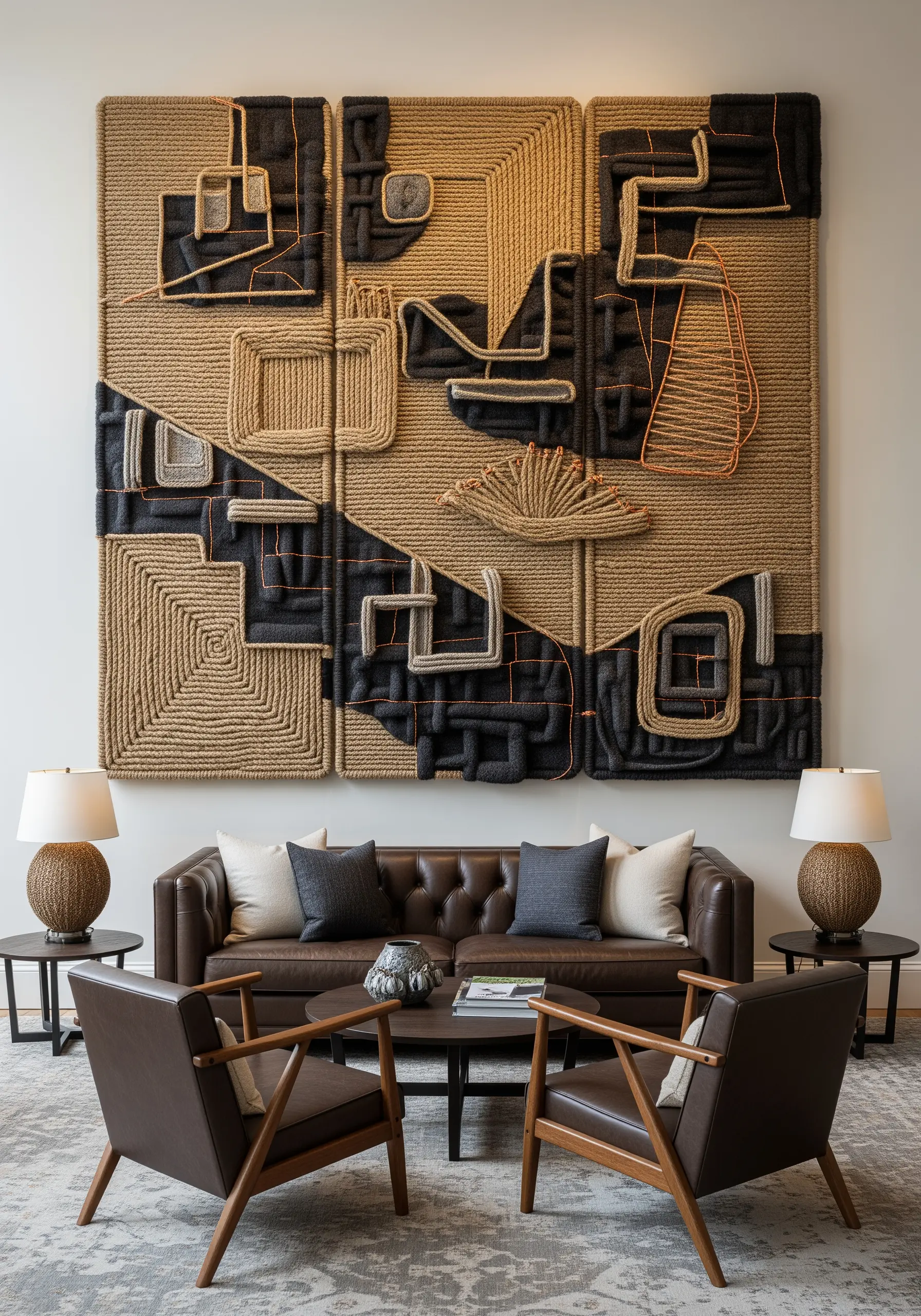 A multi-panel wall art piece with geometric shapes made from couched jute and wrapped charcoal yarn.