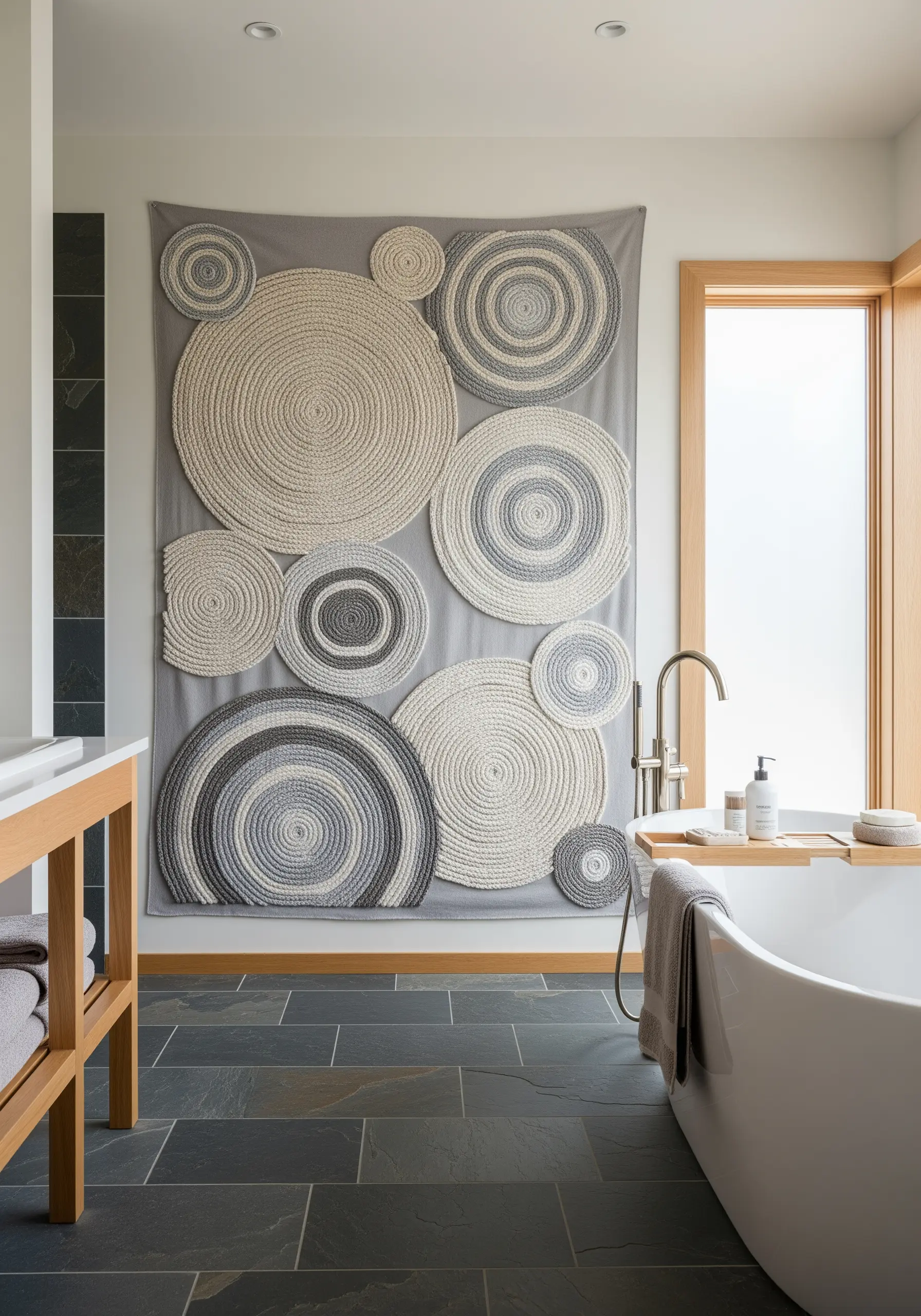 A modern tapestry made of coiled rope circles in shades of grey and cream.