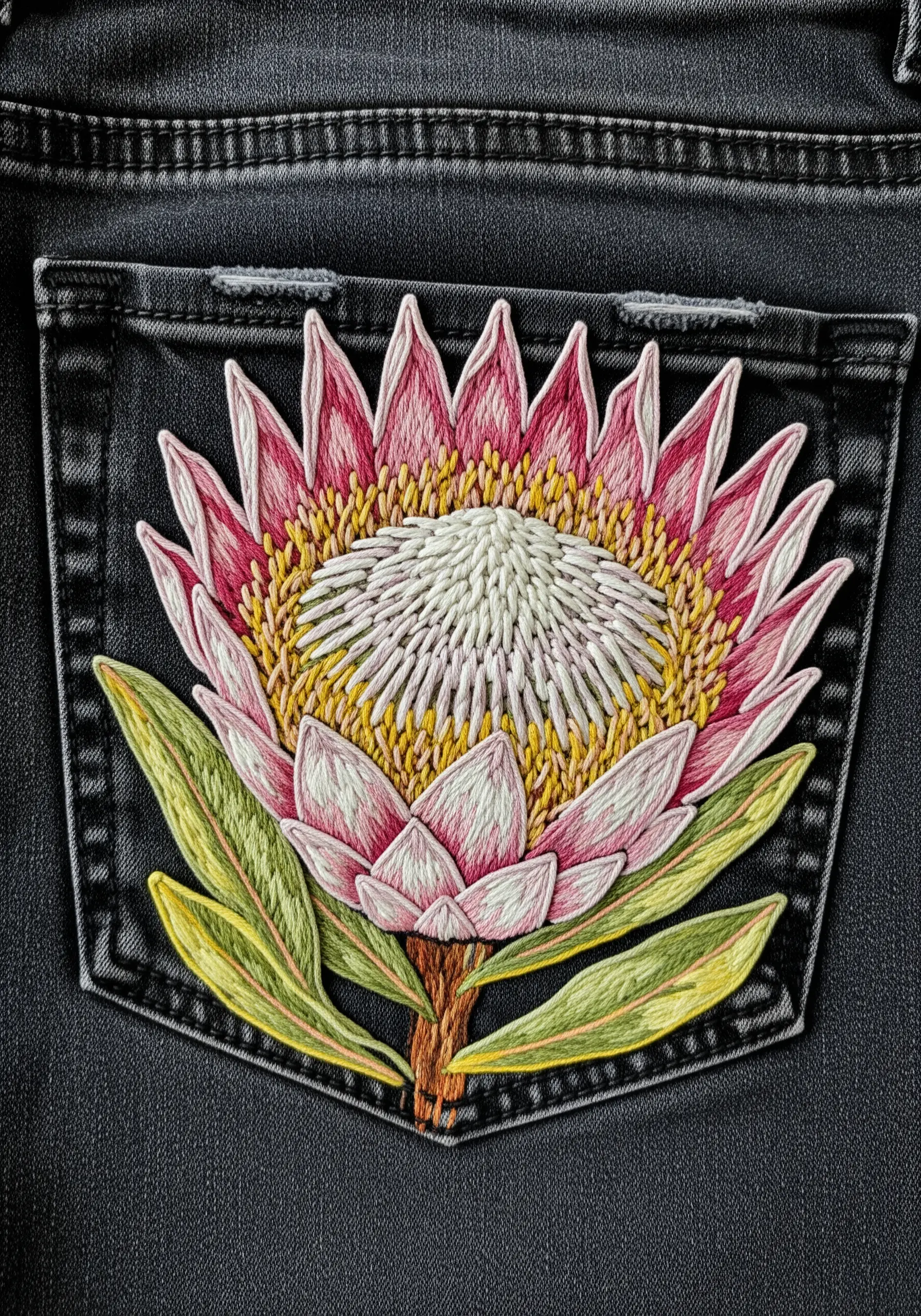 A large, detailed king protea flower with pink and white petals on a black denim pocket.
