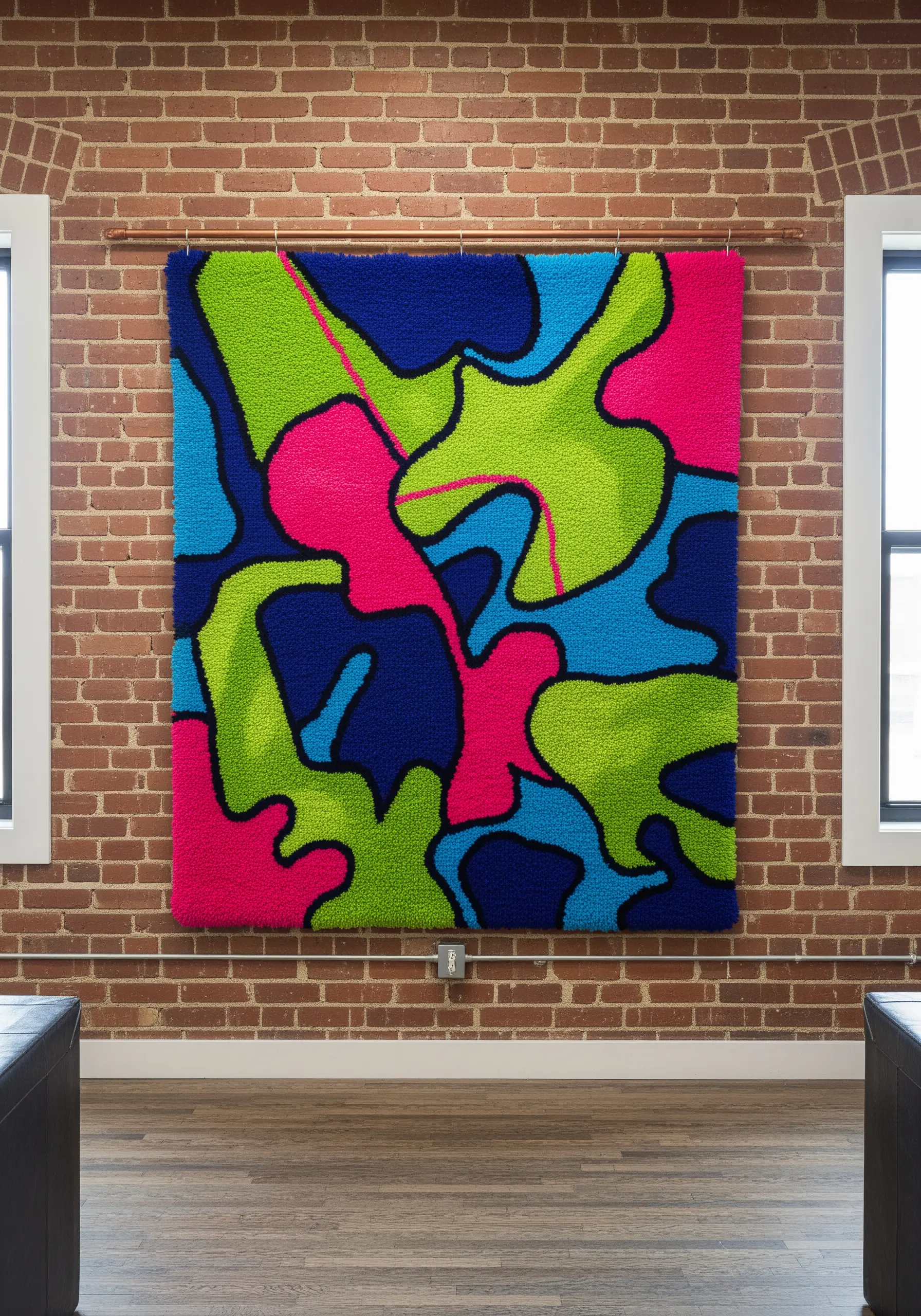 A large, tufted wall hanging with vibrant abstract shapes in neon pink, green, and blue.