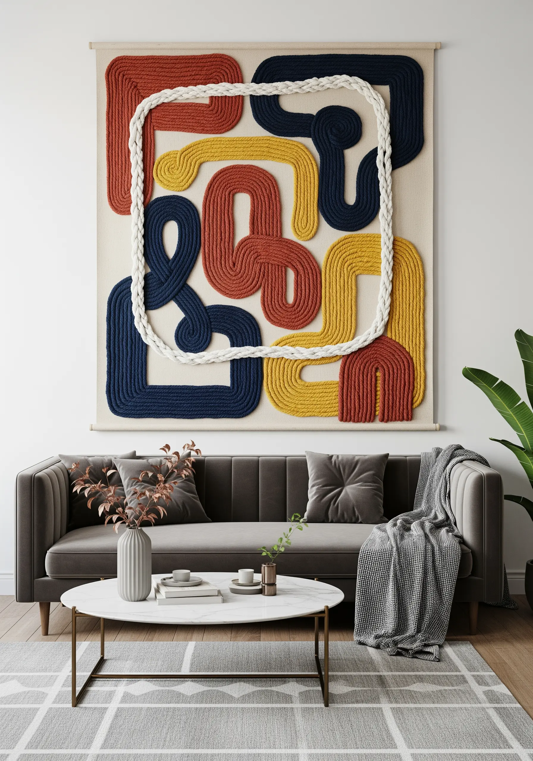 Large abstract wall art made with couched, colorful thick yarn on canvas.