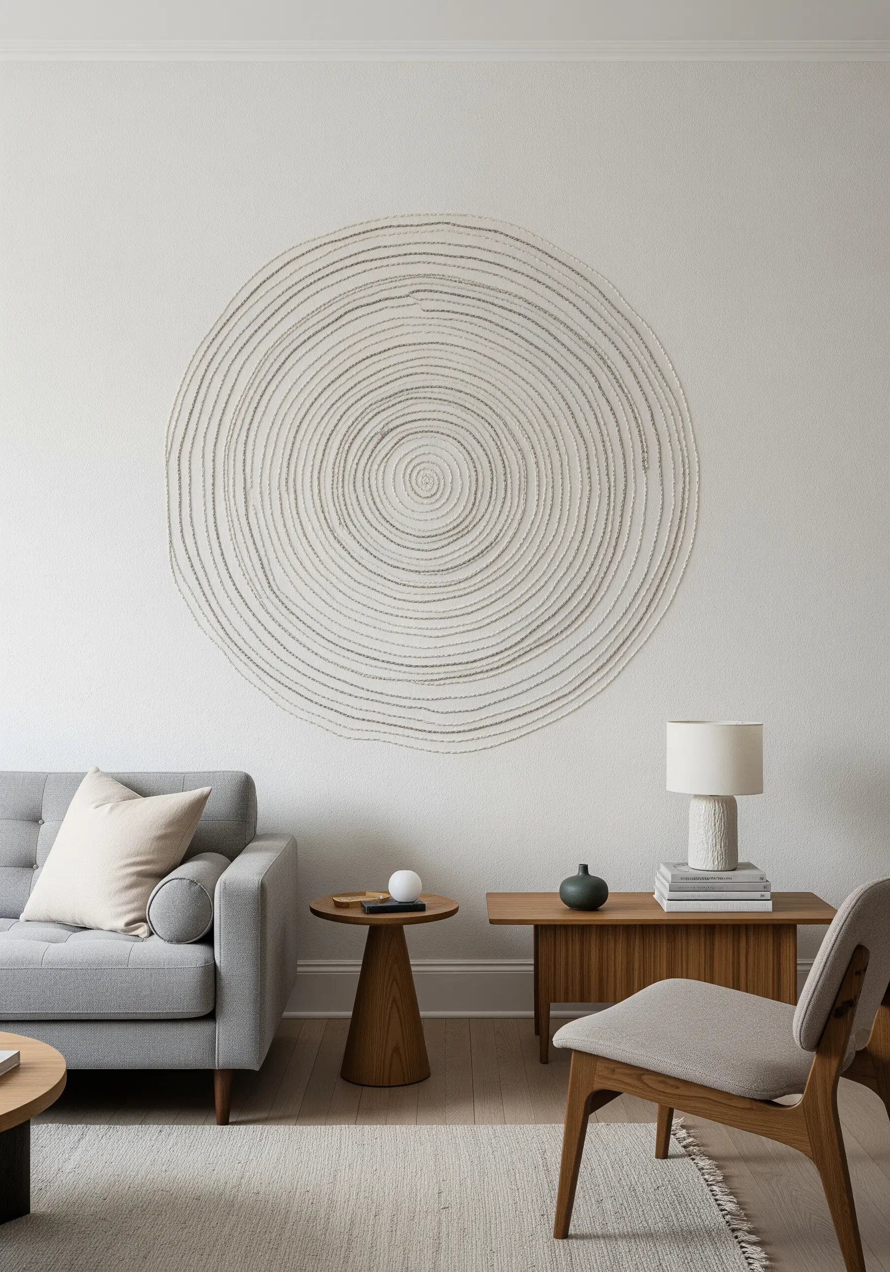 Large, round wall art made of concentric circles of textured white thread on a white wall.