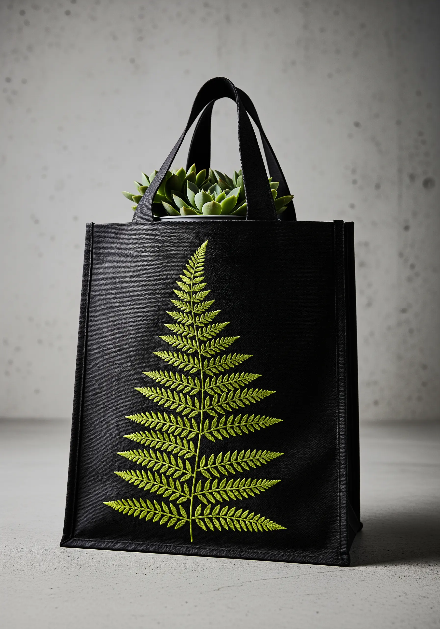 A bright chartreuse green fern embroidered on a plain black reusable tote bag.