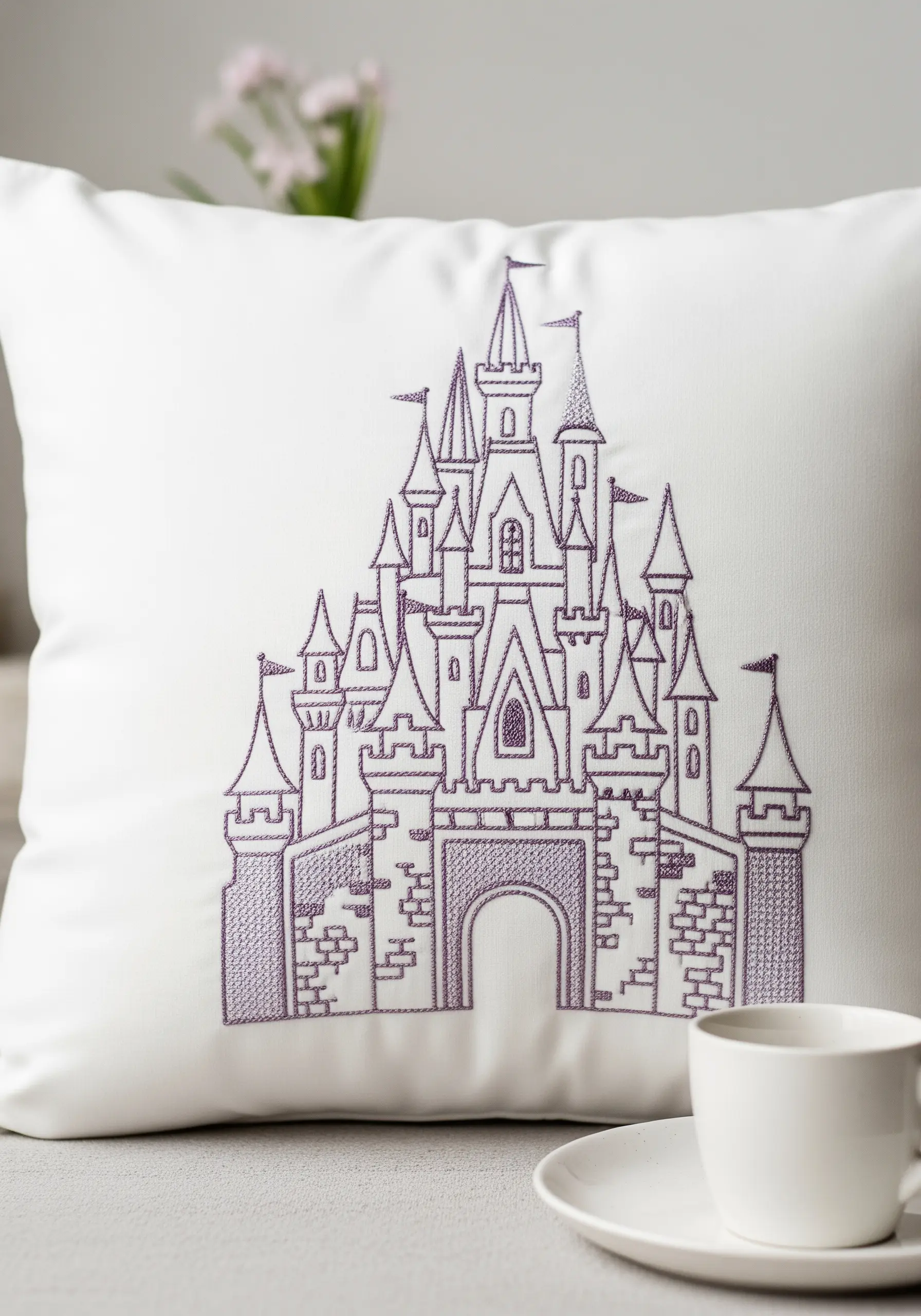 A fine-line embroidery of a fairytale castle in purple thread on a white pillow.