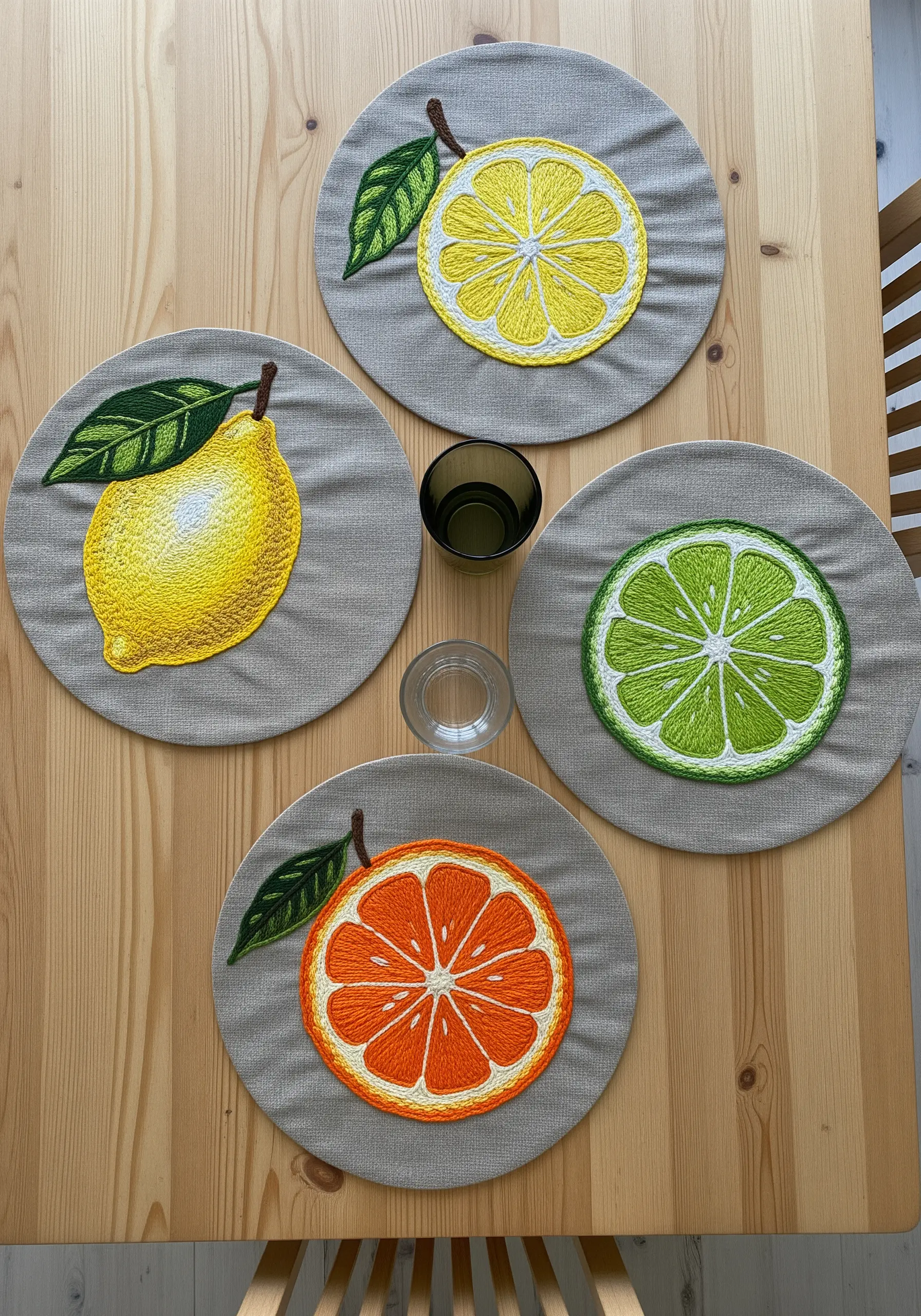 Four round placemats embroidered with vibrant, textured slices of lemon, lime, and orange.