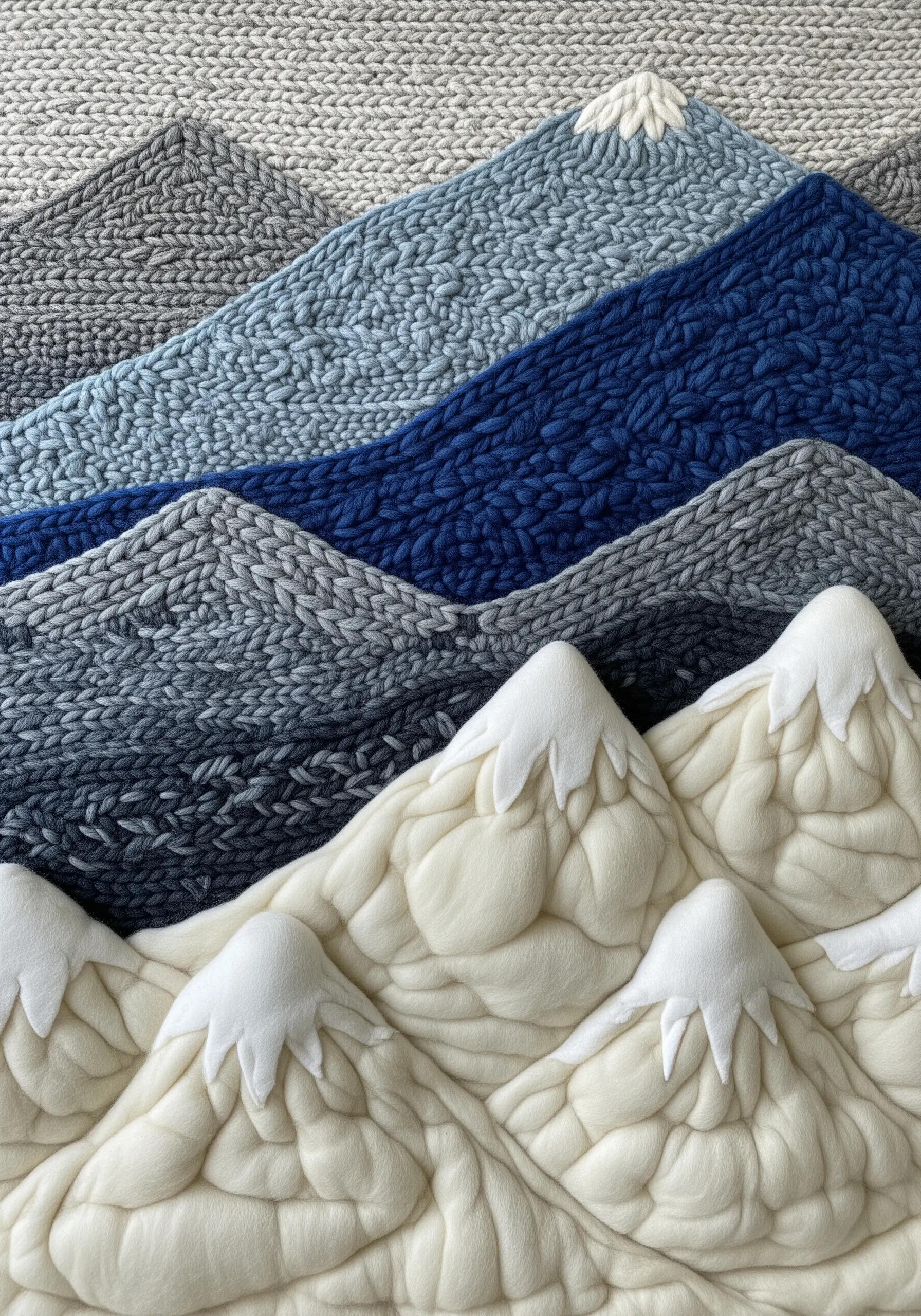 Layered textile mountain landscape with knitted background and 3D felted snowy peaks.
