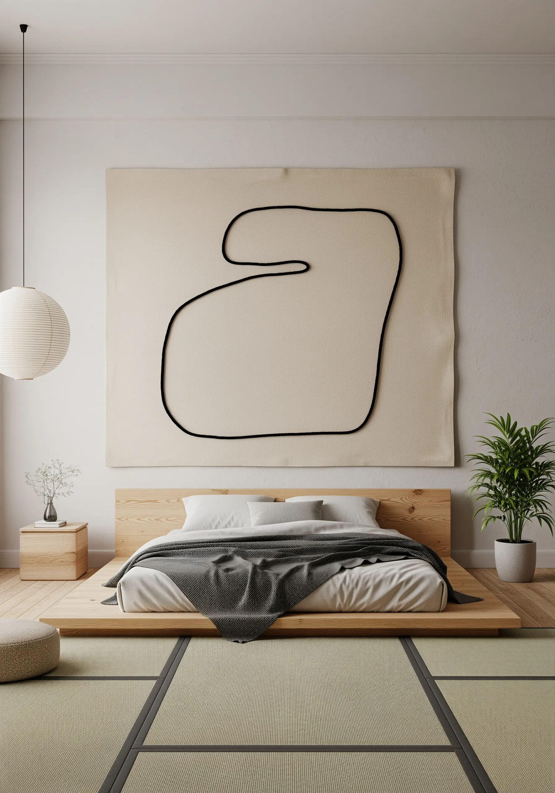 A large canvas hanging above a bed with a single, bold black abstract line stitched on it.