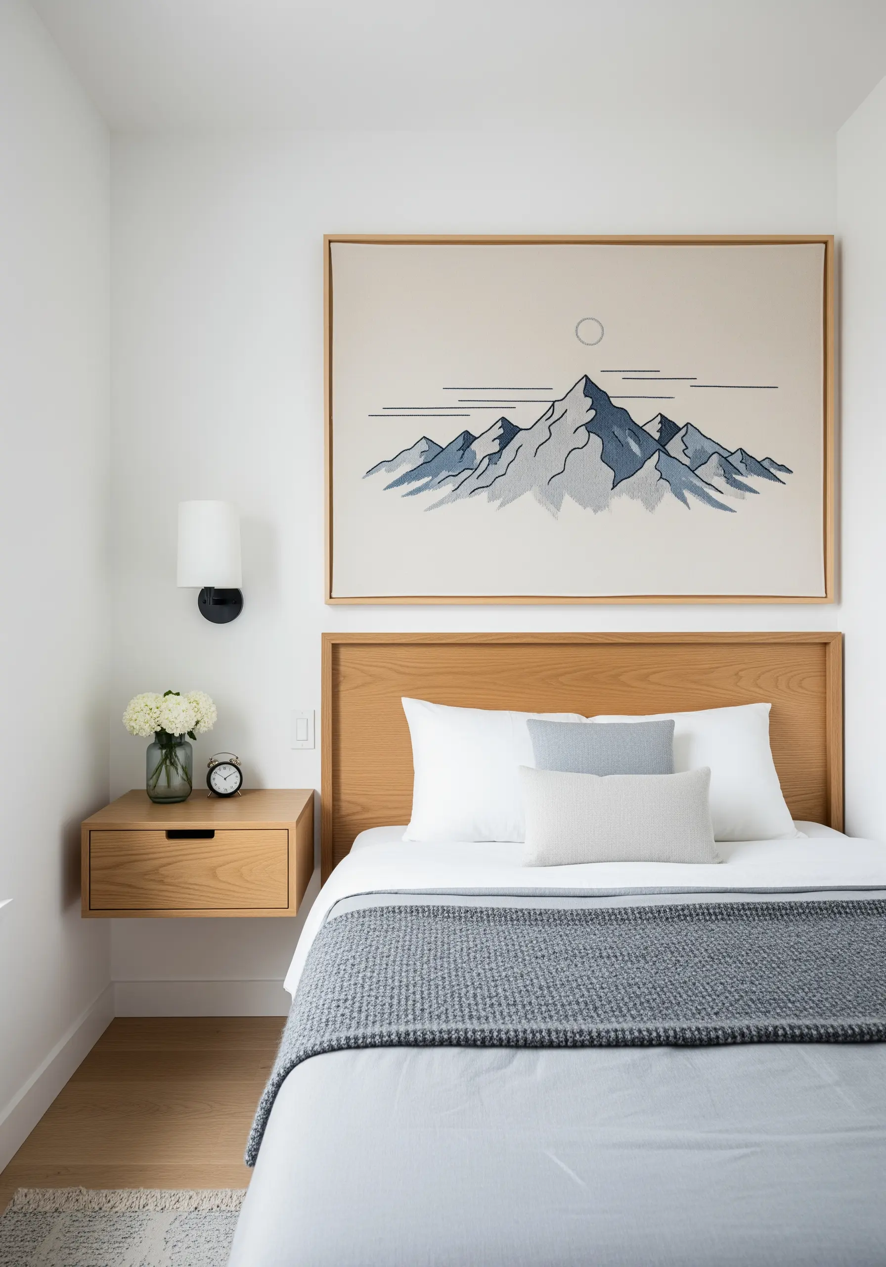 Large framed embroidery of a mountain range in shades of blue above a bed