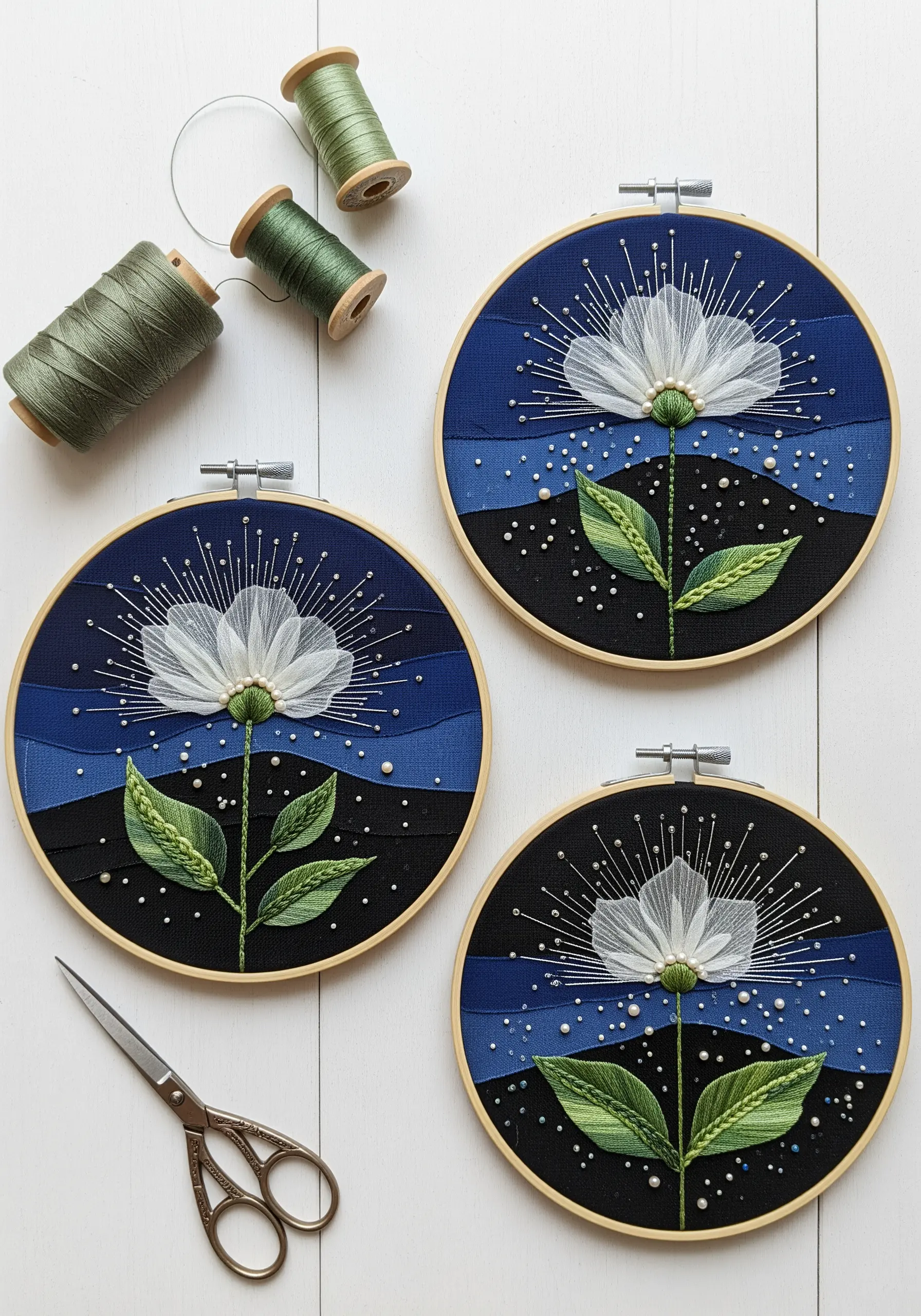 Hoop art with sheer organza flower petals, radiating stitches, and pearl bead details.