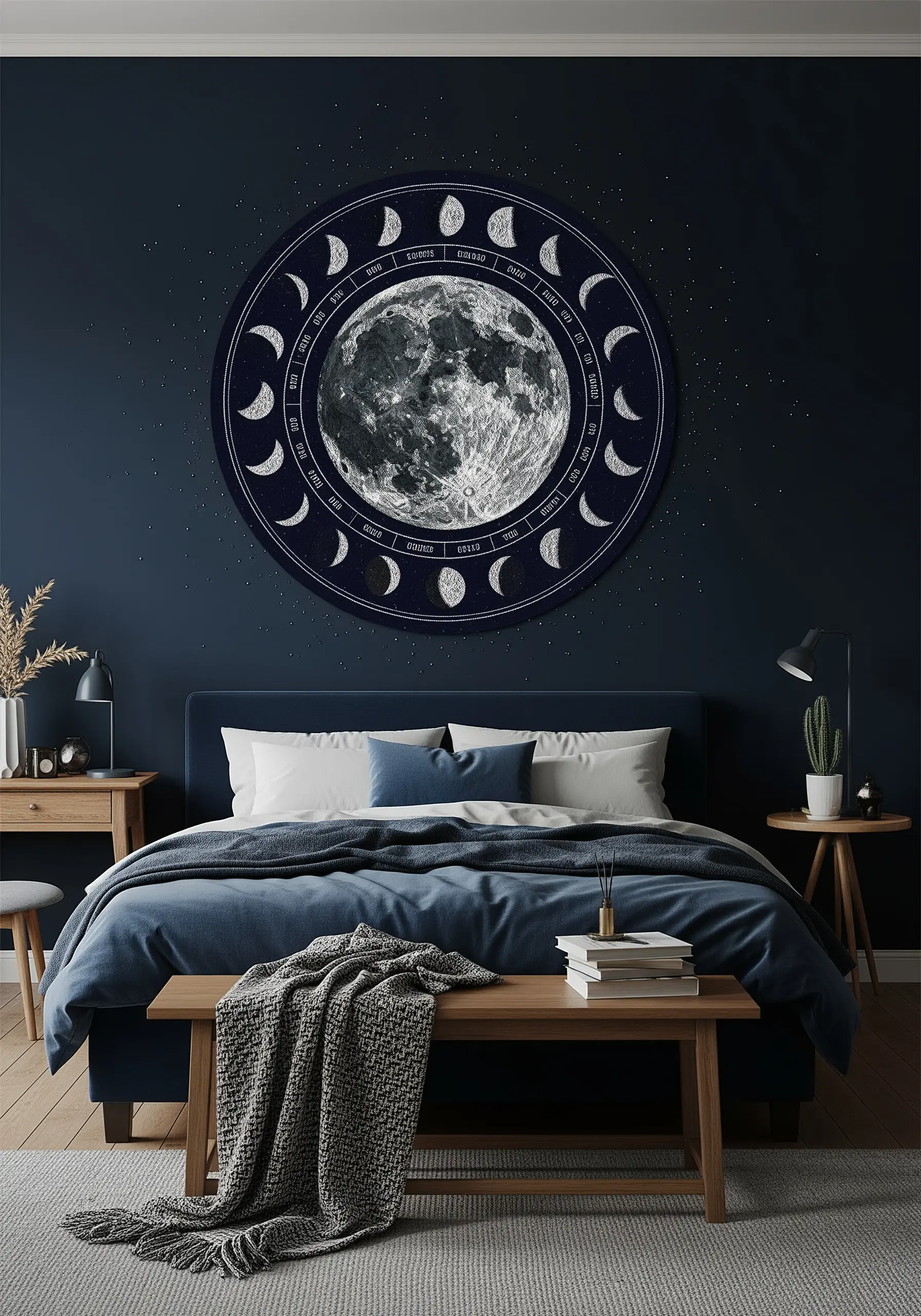 Large circular wall hanging showing a realistic embroidered moon and surrounding moon phases.