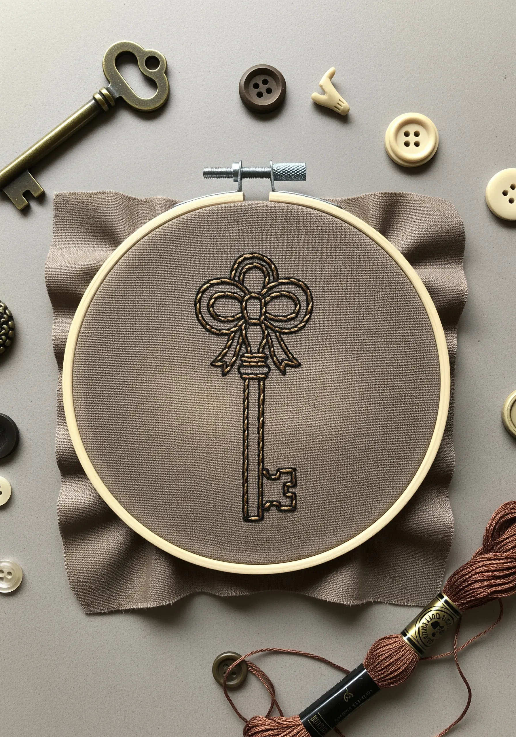 An ornate vintage key embroidered using couching with metallic gold thread.