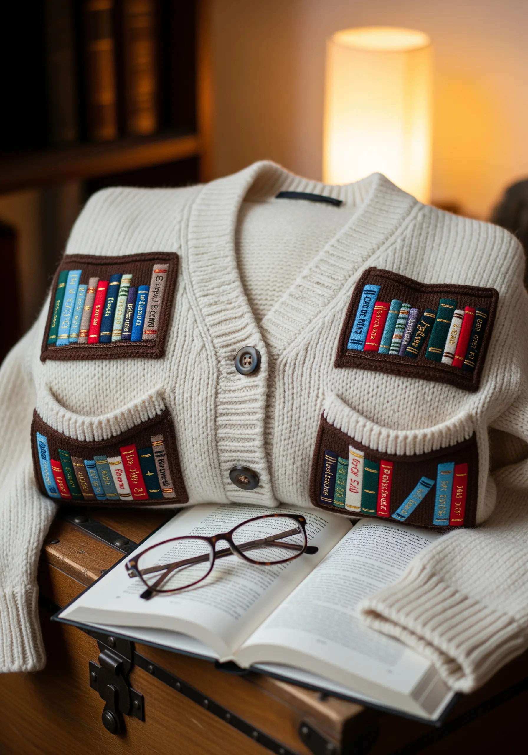 A cream-colored cardigan with embroidered patches of bookshelves on the pockets.