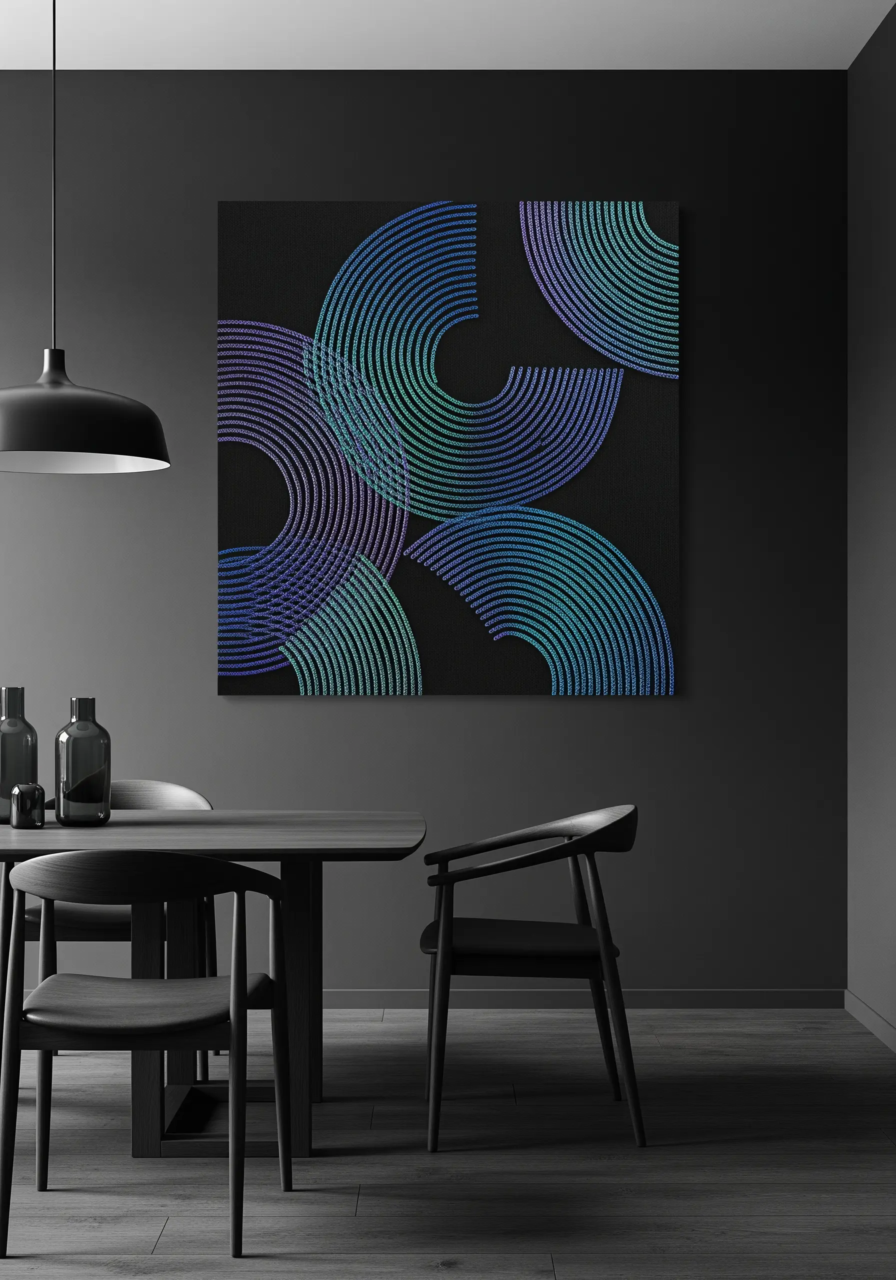 Geometric arcs stitched with iridescent metallic thread that shifts from purple to green on black canvas.