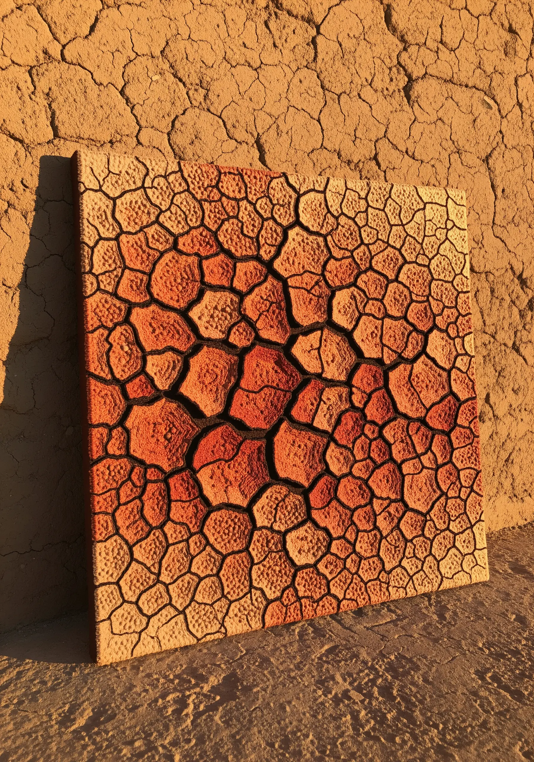 Square canvas with textured embroidery of cracked desert earth in shades of orange.